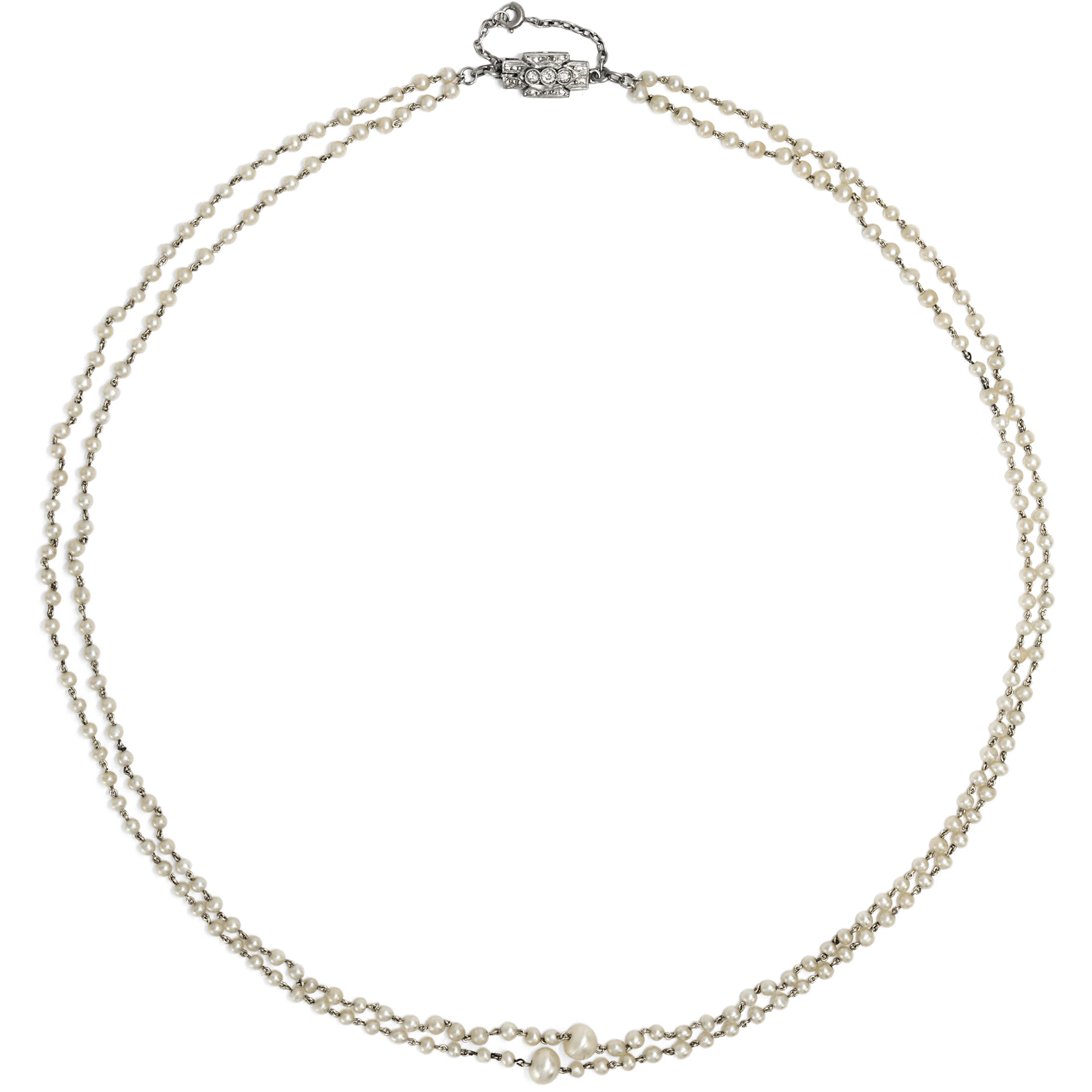 Two-Strand Natural Pearl and Platinum Necklace with Diamond Clasp, c. 1925