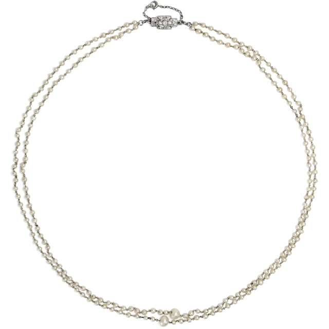 Two-Strand Natural Pearl and Platinum Necklace with Diamond Clasp, c. 1925