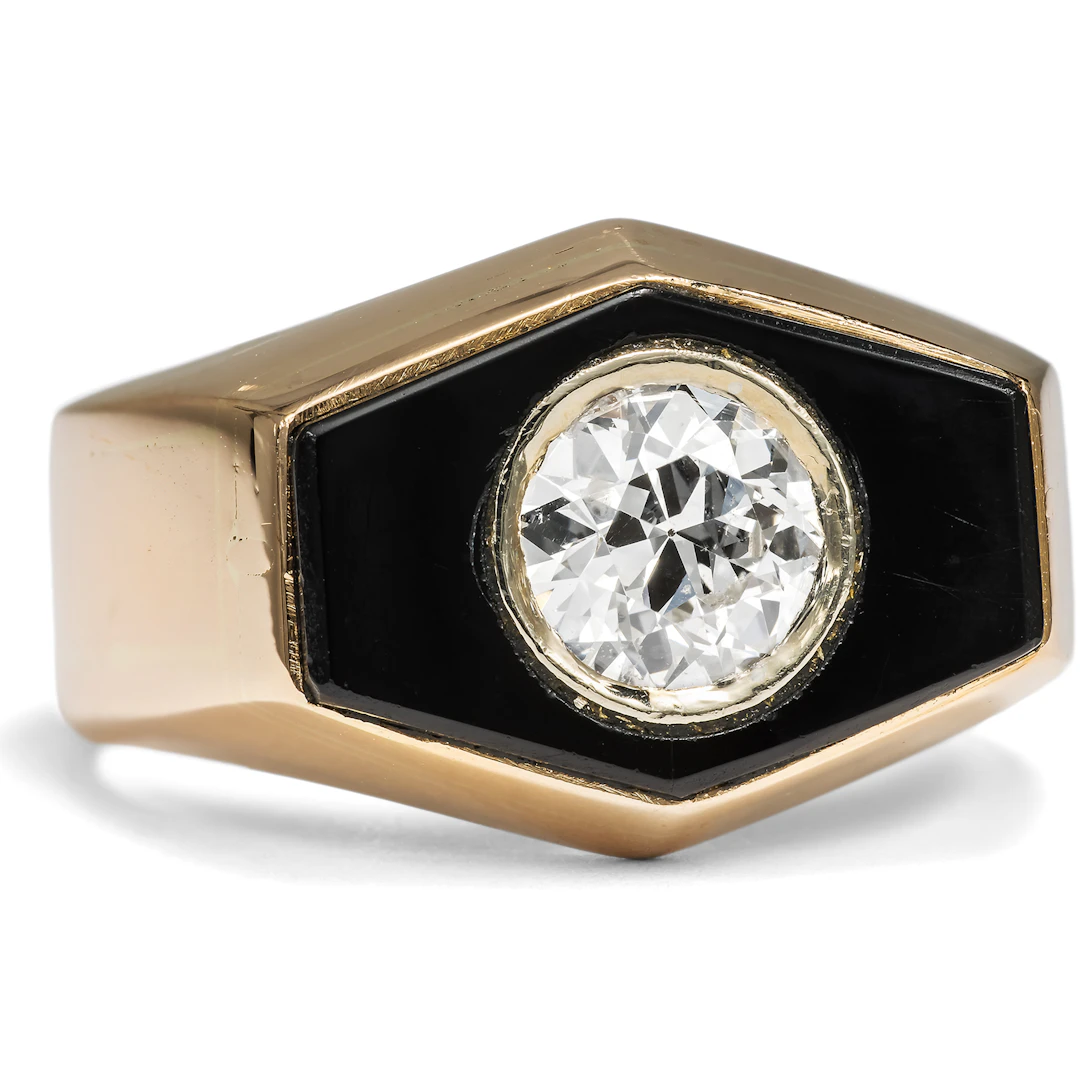 Powerful Retro Style Ring With Diamond & Onyx In Rose Gold, Circa 1940