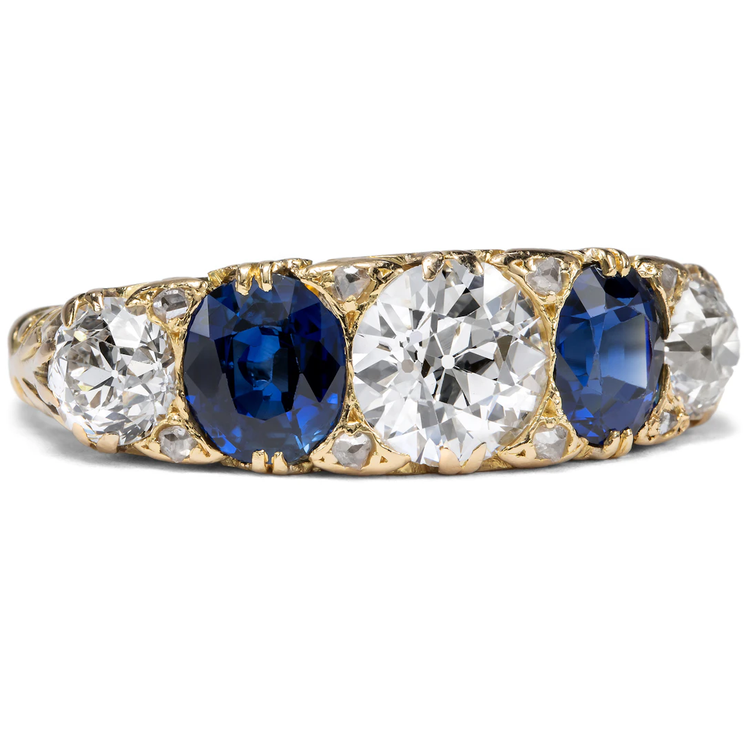 Victorian 5-Stone Gold Ring with Blue Sapphires & 2.10 ct Diamonds