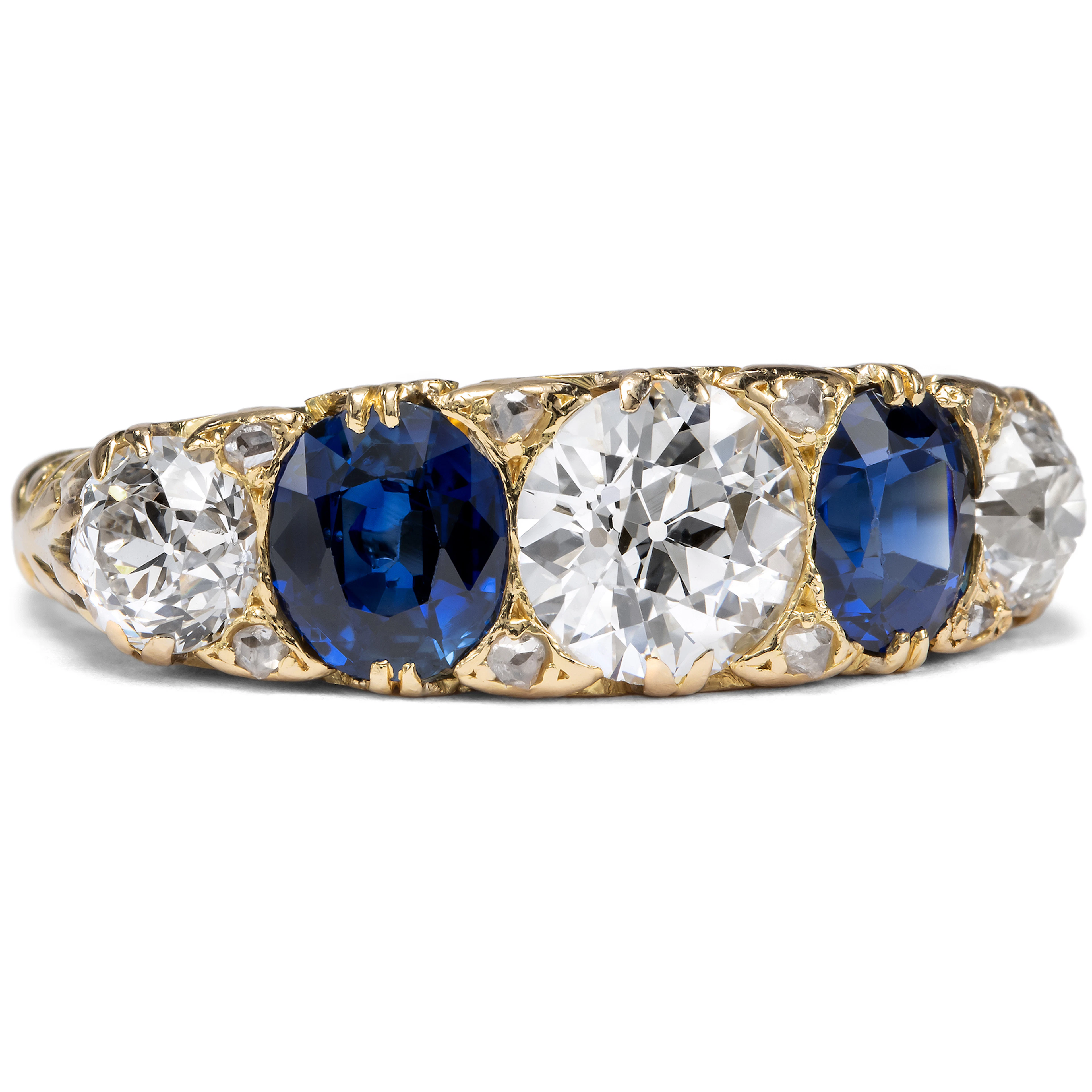 Victorian 5-Stone Gold Ring with Blue Sapphires & 2.10 ct Diamonds