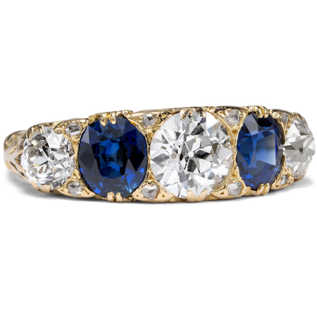 Victorian 5-Stone Gold Ring with Blue Sapphires & 2.10 ct Diamonds
