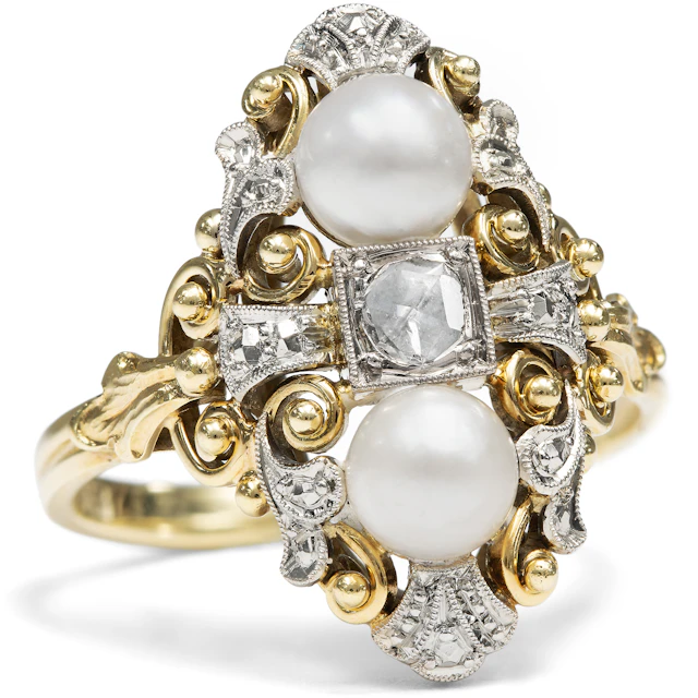 Unusual Retro Style Ring with Pearls and Rose Cut Diamond, c. 1930s