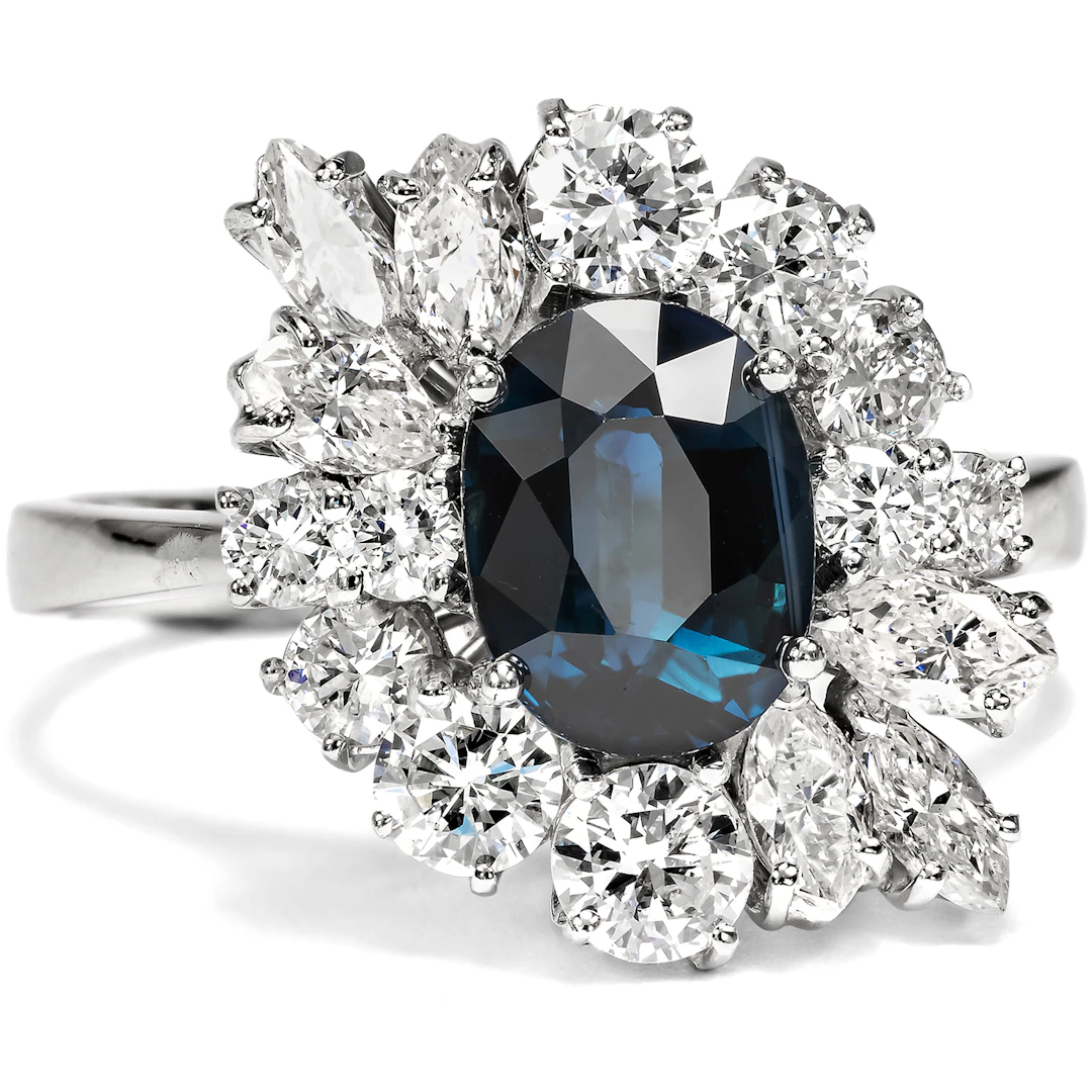 Luxurious Vintage Sapphire and Diamond Cluster Ring, c. 1960s
