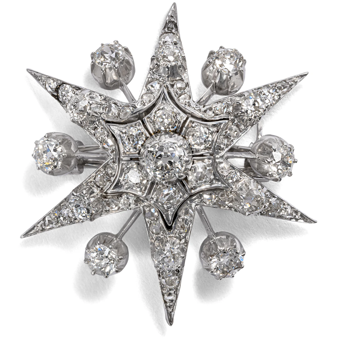 Antique Star Brooch with 2.68 ct Diamonds in Gold & Silver, ca. 1890