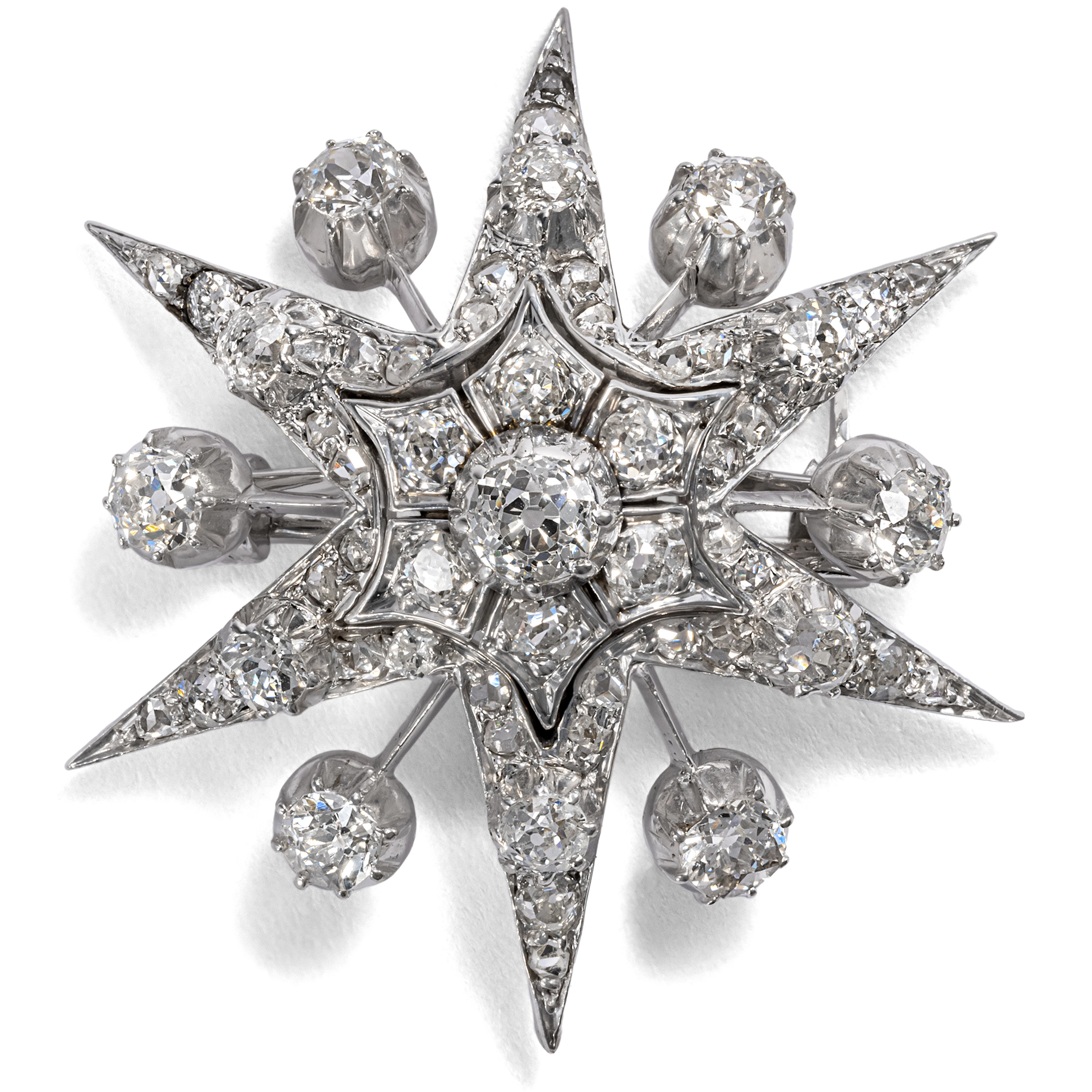 Antique Star Brooch with 2.68 ct Diamonds in Gold & Silver, ca. 1890