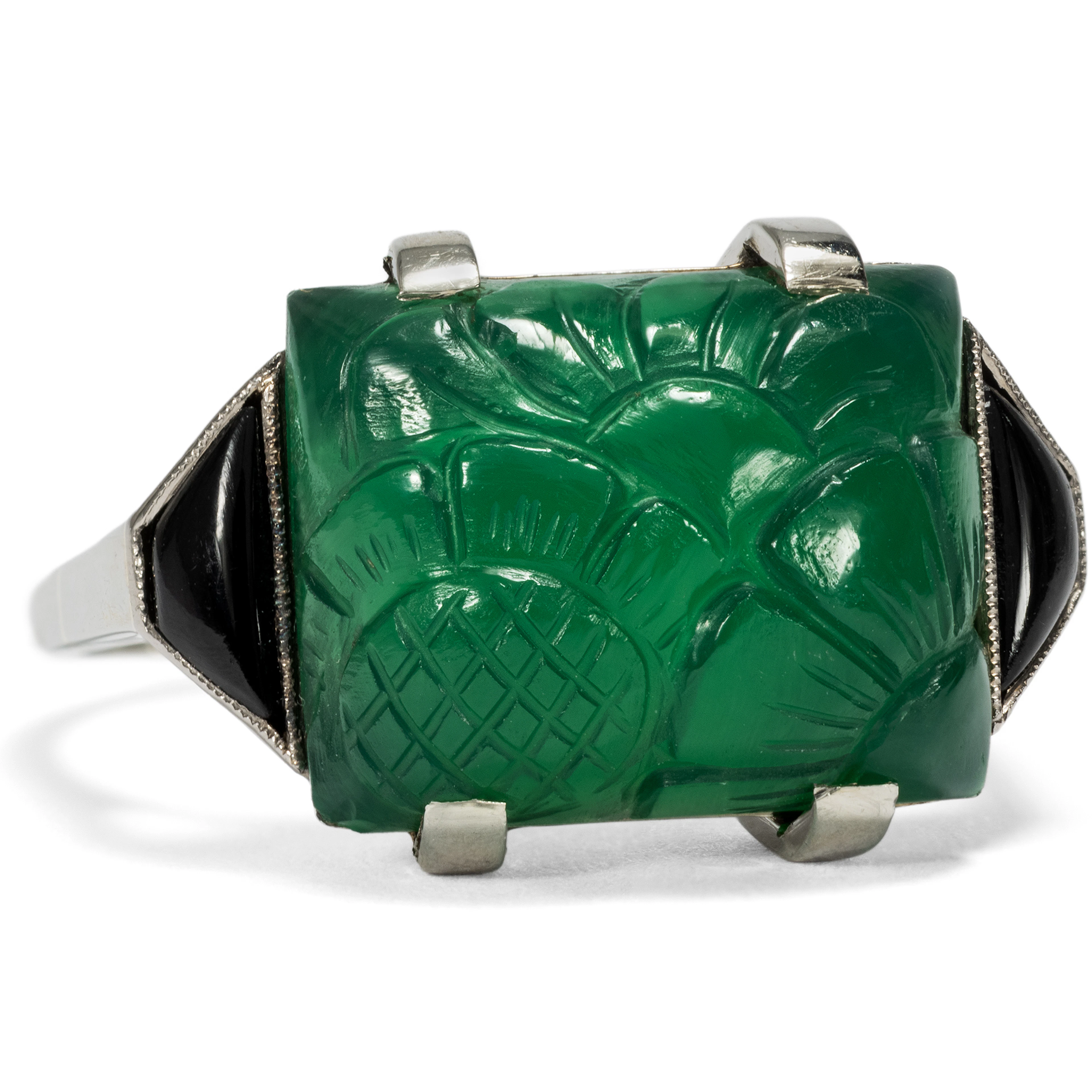Unusual Carved Green Agate and Onyx Ring, c. 1930s