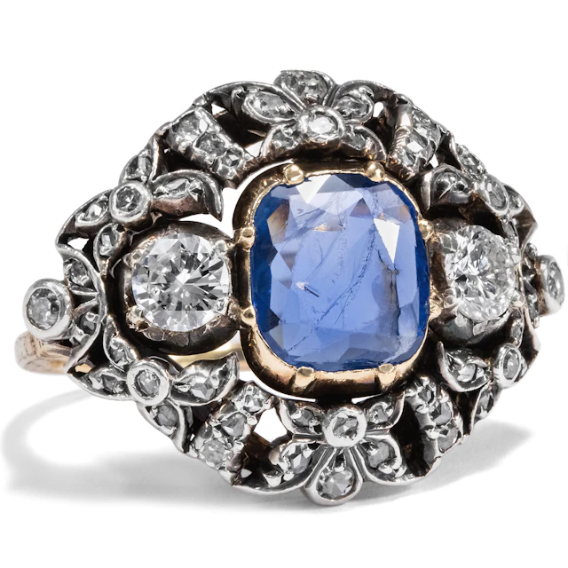Magnificent Victorian Ring with Sapphire & Diamonds, c. 1890