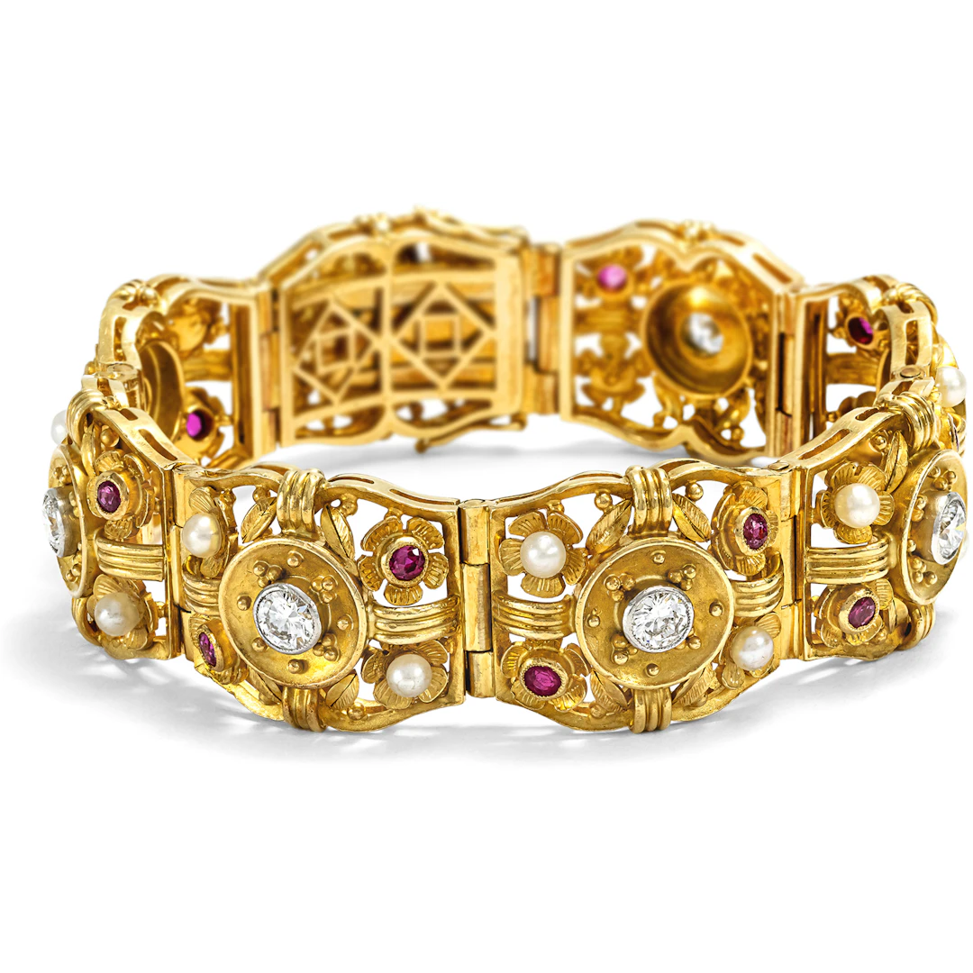 Precious Bracelet with Burma Rubies, Diamonds & Pearls in Gold, c. 1940
