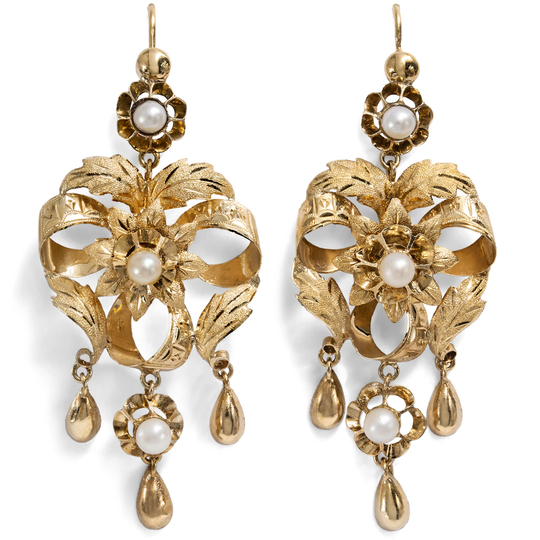 Magnificent Gold & Pearl Earrings, Probably from Spain, c. 1870