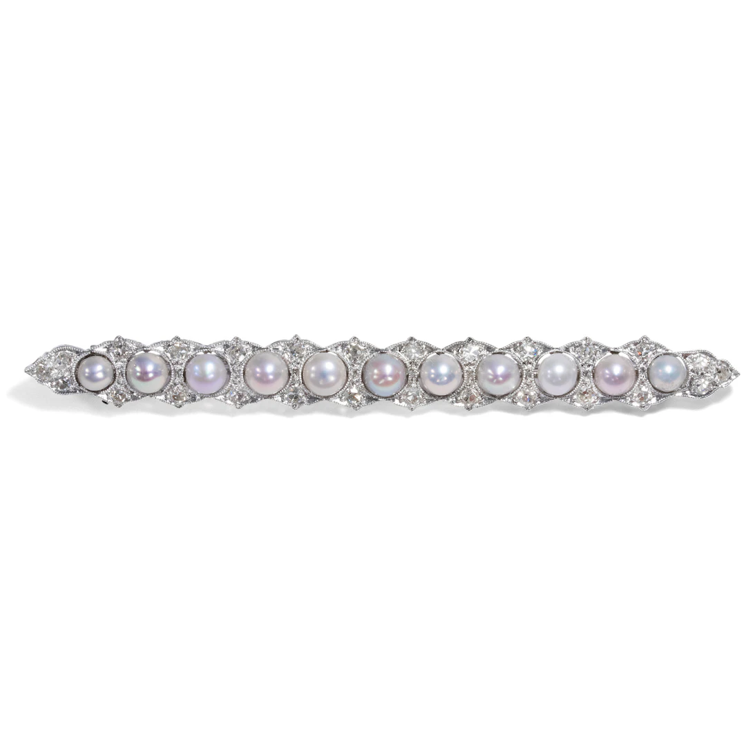 Large Bar Brooch With Natural Pearls & Diamonds in Platinum, ca. 1910