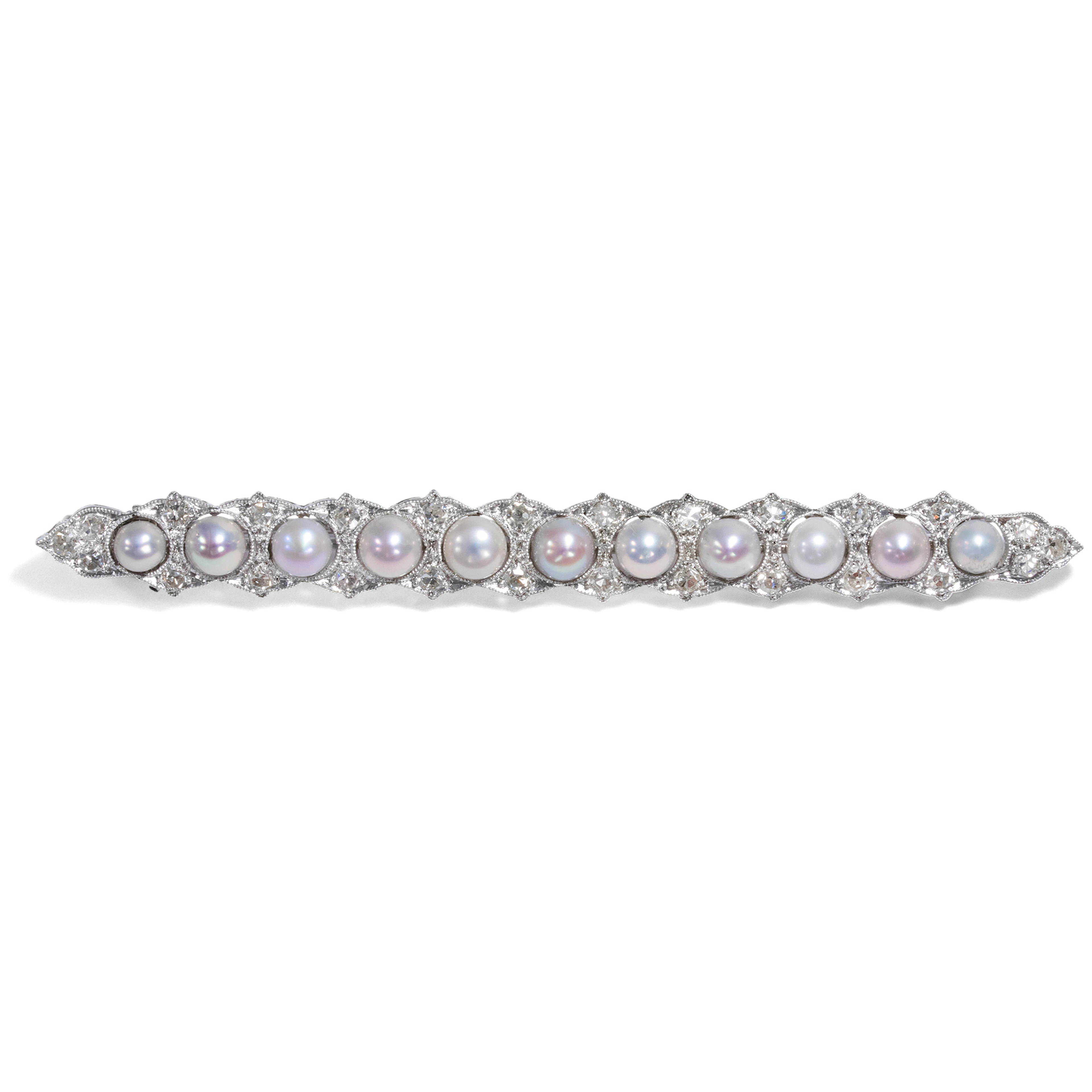 Large Bar Brooch With Natural Pearls & Diamonds in Platinum, ca. 1910