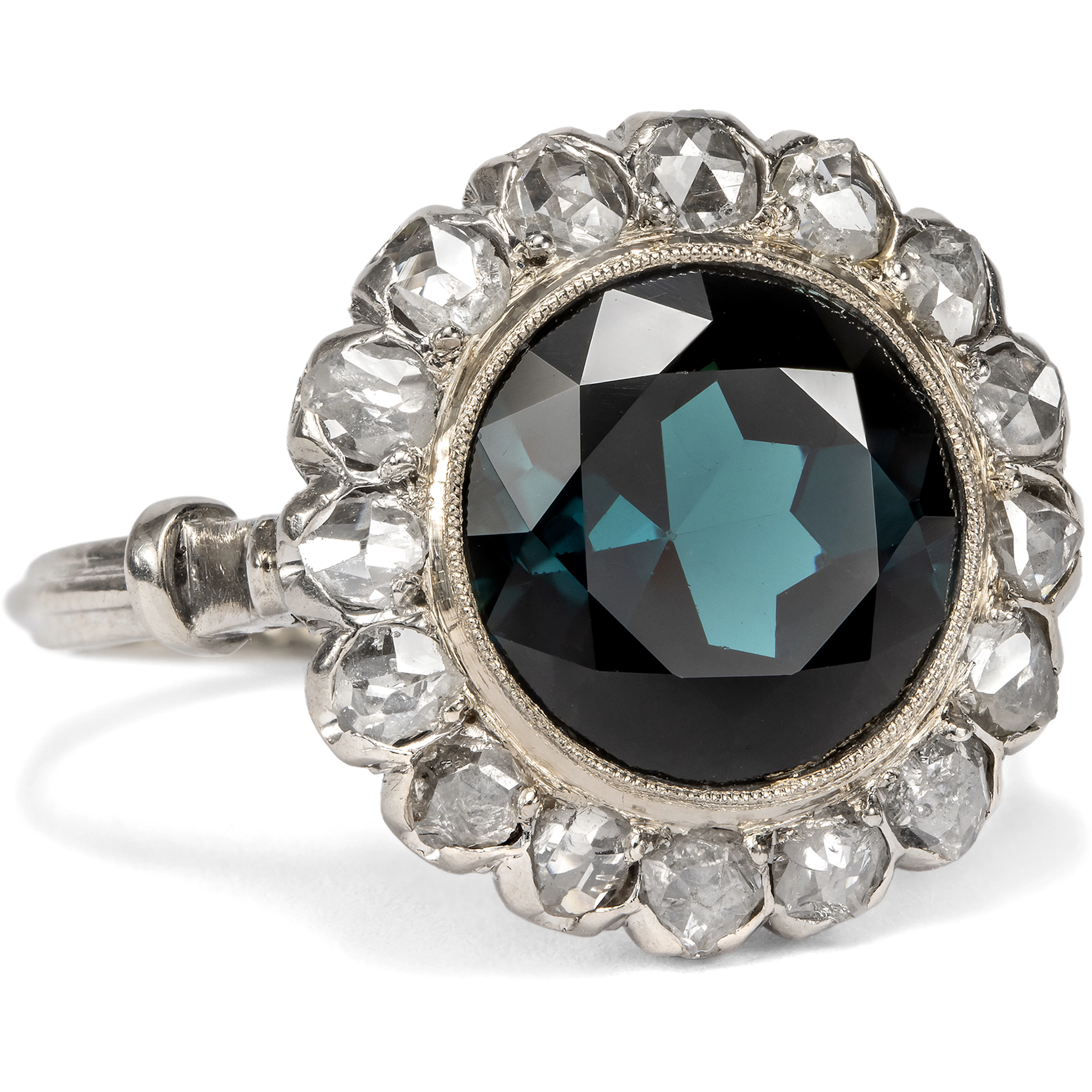 Vintage Ring with Green-Blue Tourmaline & Diamonds in Silver & Gold, c. 1950