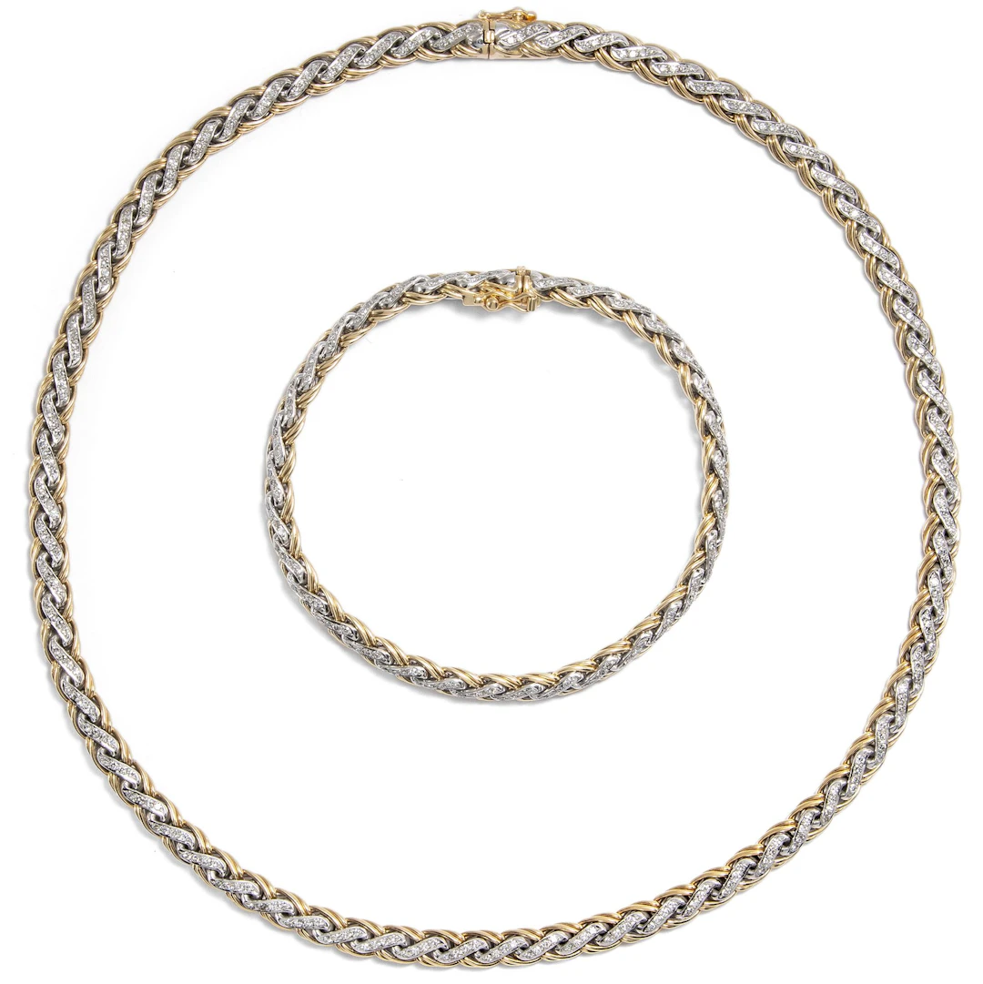 Luxurious Vintage Two-Tone Gold and Diamond Necklace and Bracelet, c. 1970
