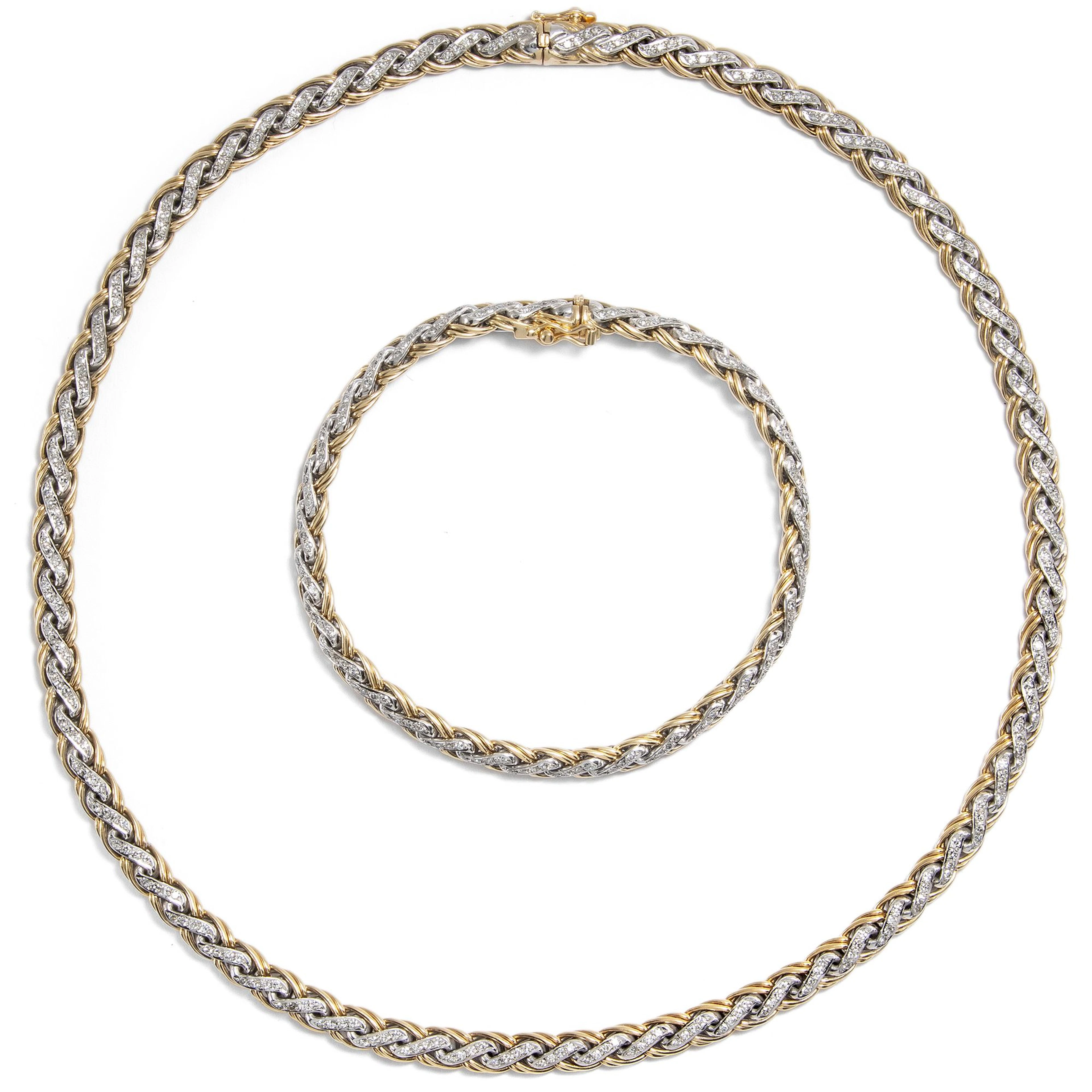 Luxurious Vintage Two-Tone Gold and Diamond Necklace and Bracelet, c. 1970