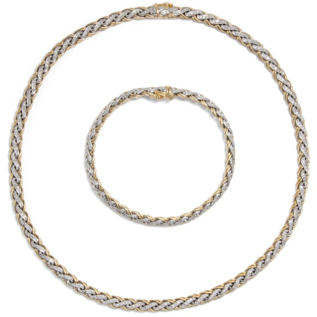 Luxurious Vintage Two-Tone Gold and Diamond Necklace and Bracelet, c. 1970