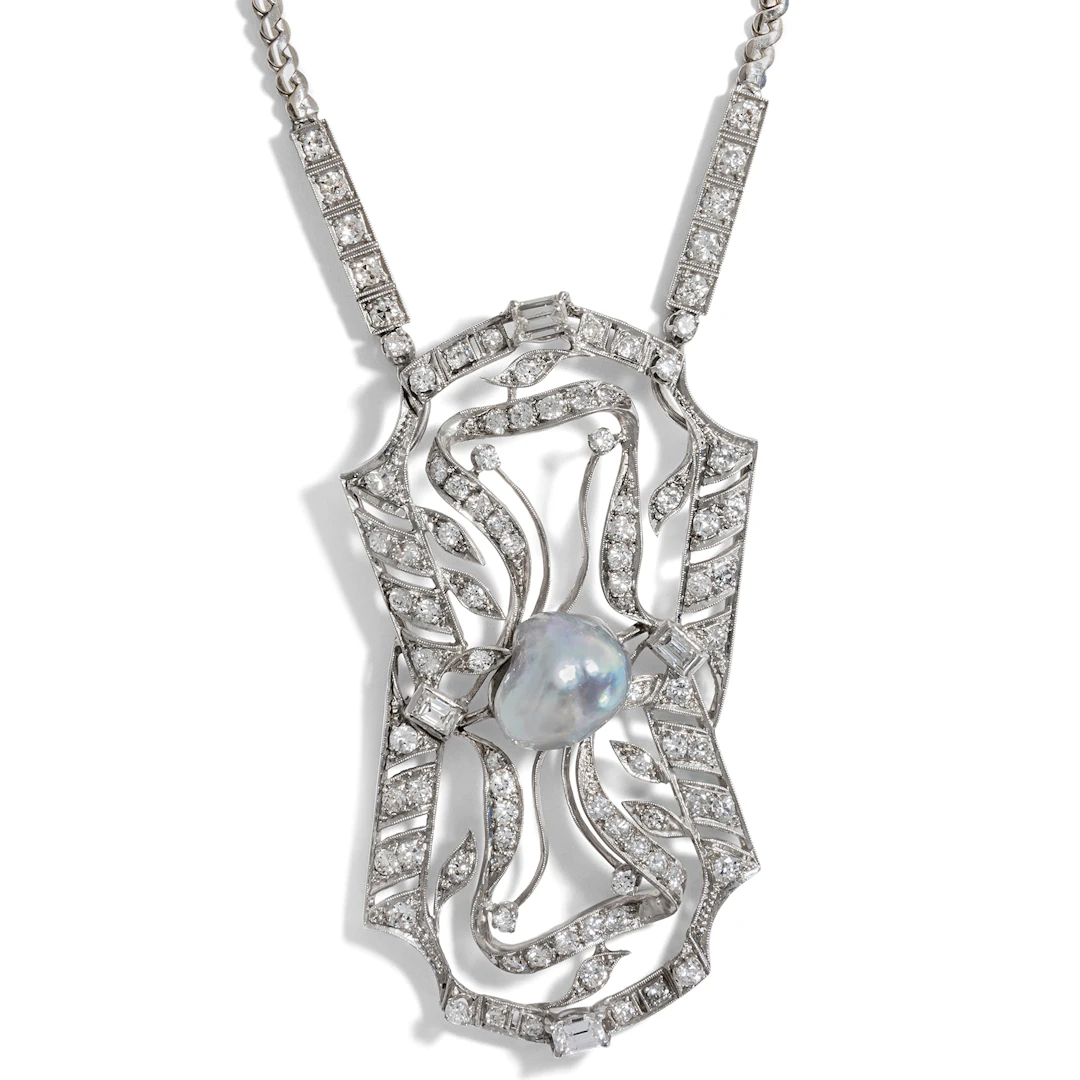 Precious Pendant Brooch With Diamonds & Pearl in "Retro Style" From