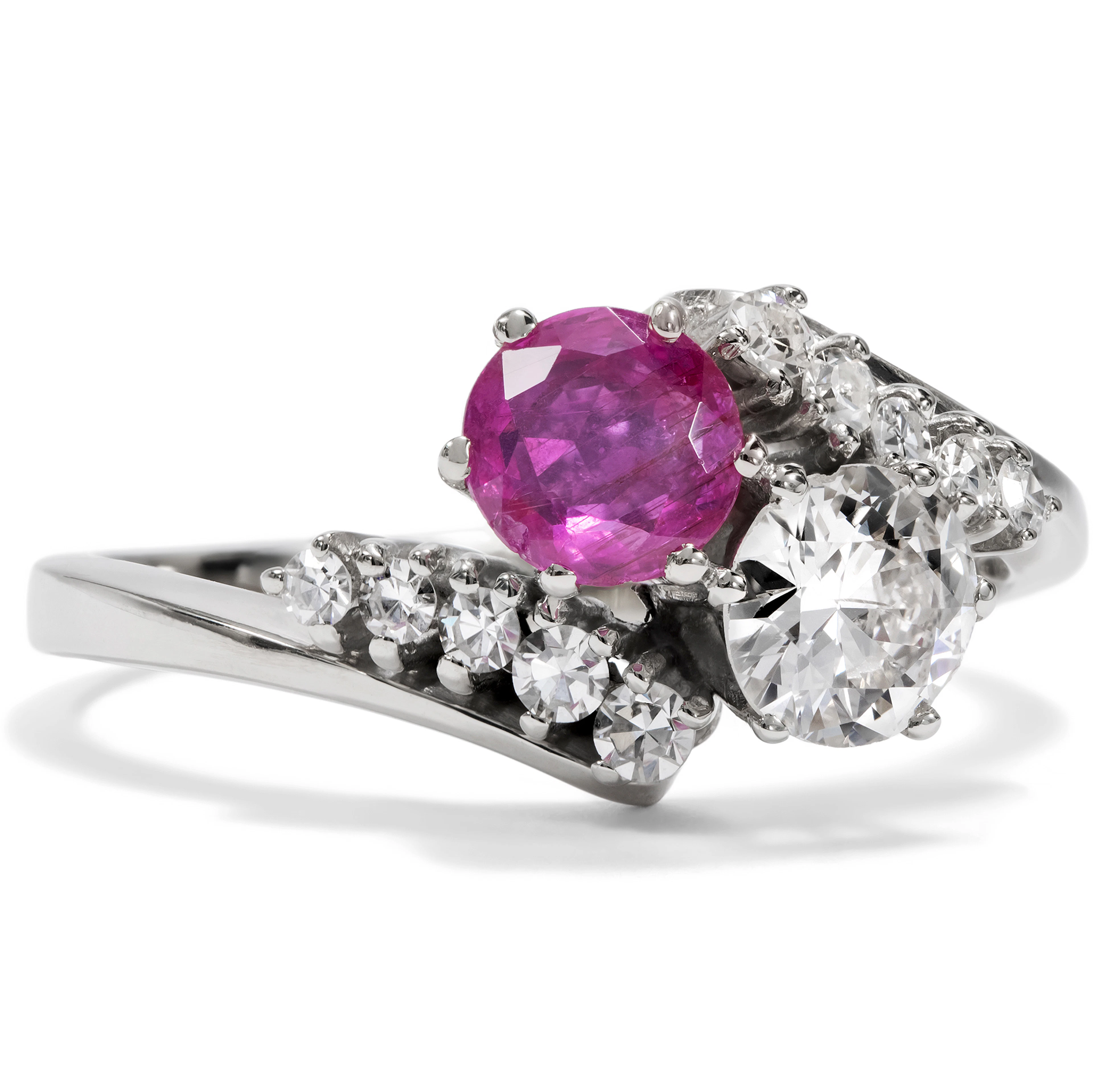 Vintage "Toi-et-Moi" Ring with Ruby & Diamonds in White Gold, c. 1970