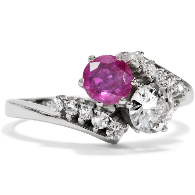 Vintage "Toi-et-Moi" Ring with Ruby & Diamonds in White Gold, c. 1970