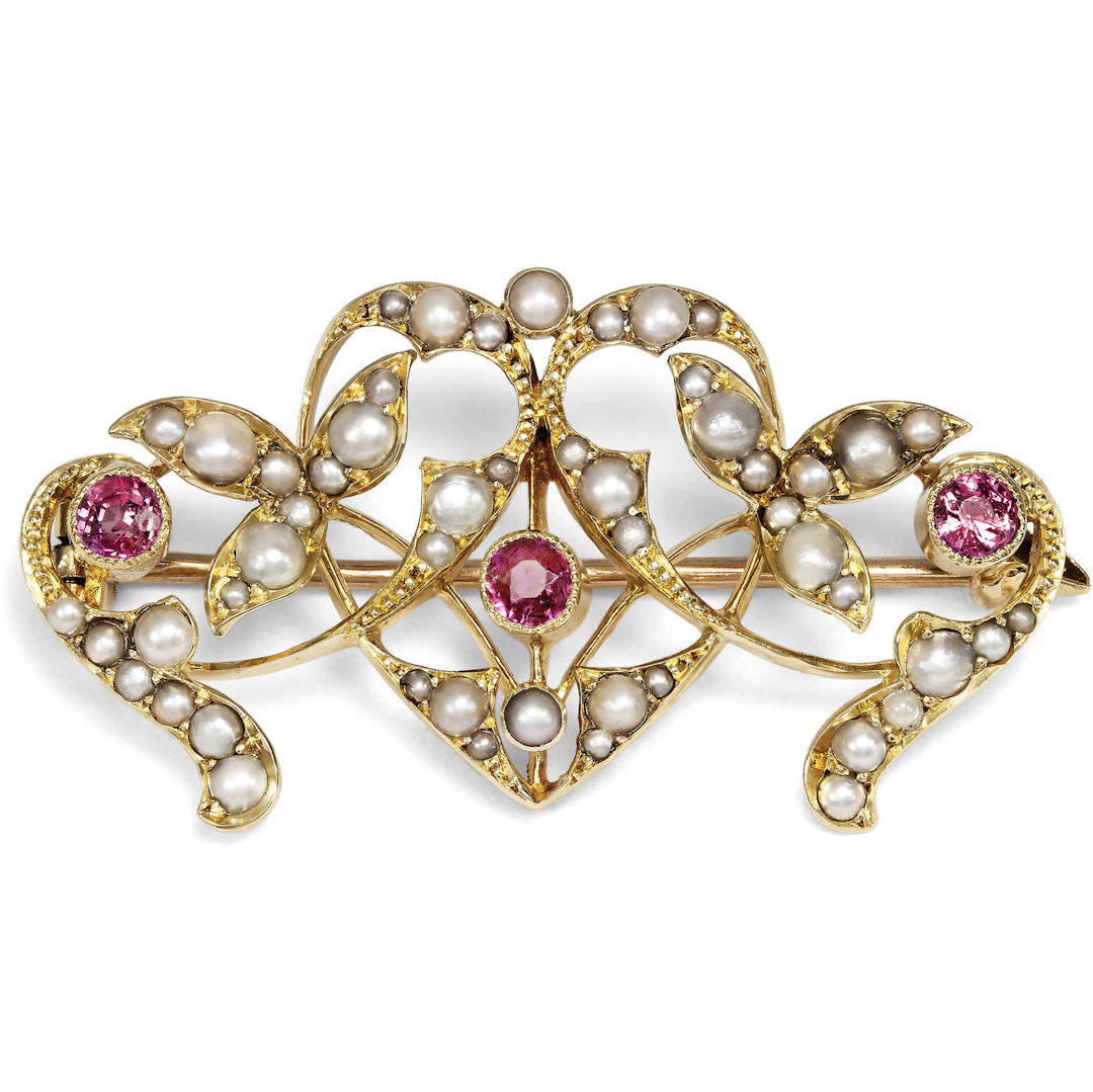 Sentimental Gold Brooch with Rubies & Natural Pearls, Great Britain c. 1905