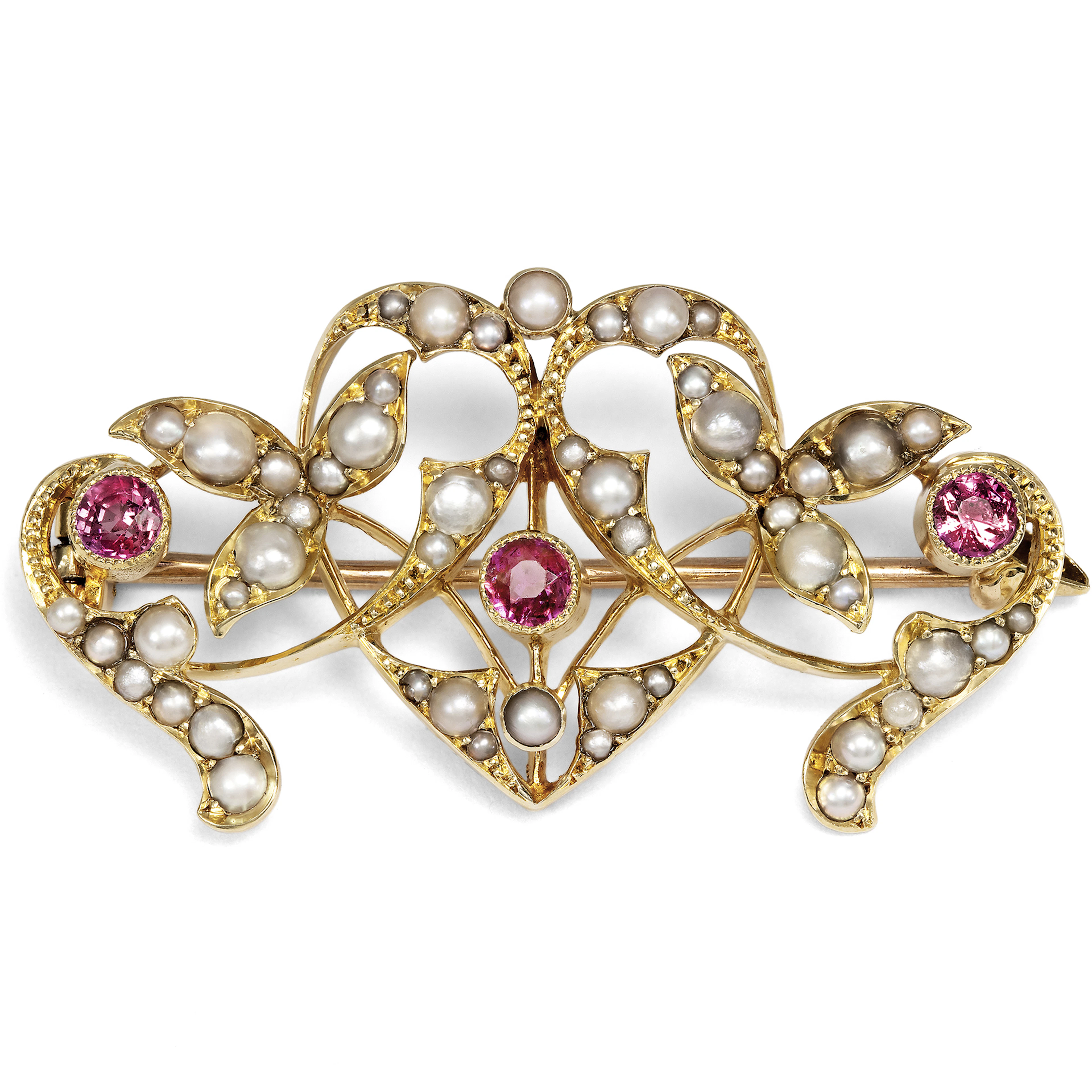 Sentimental Gold Brooch with Rubies & Natural Pearls, Great Britain c. 1905