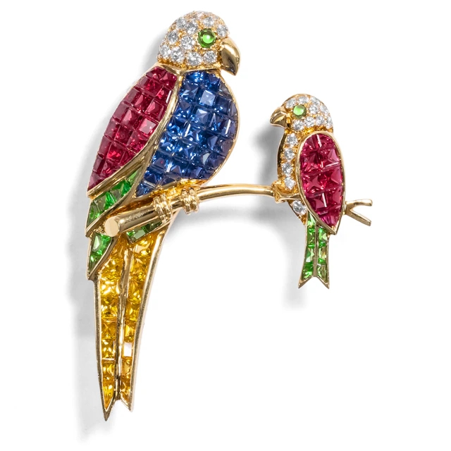 Marvellous Diamond & Coloured Stone Brooch With "Mystery Setting", c. 1985