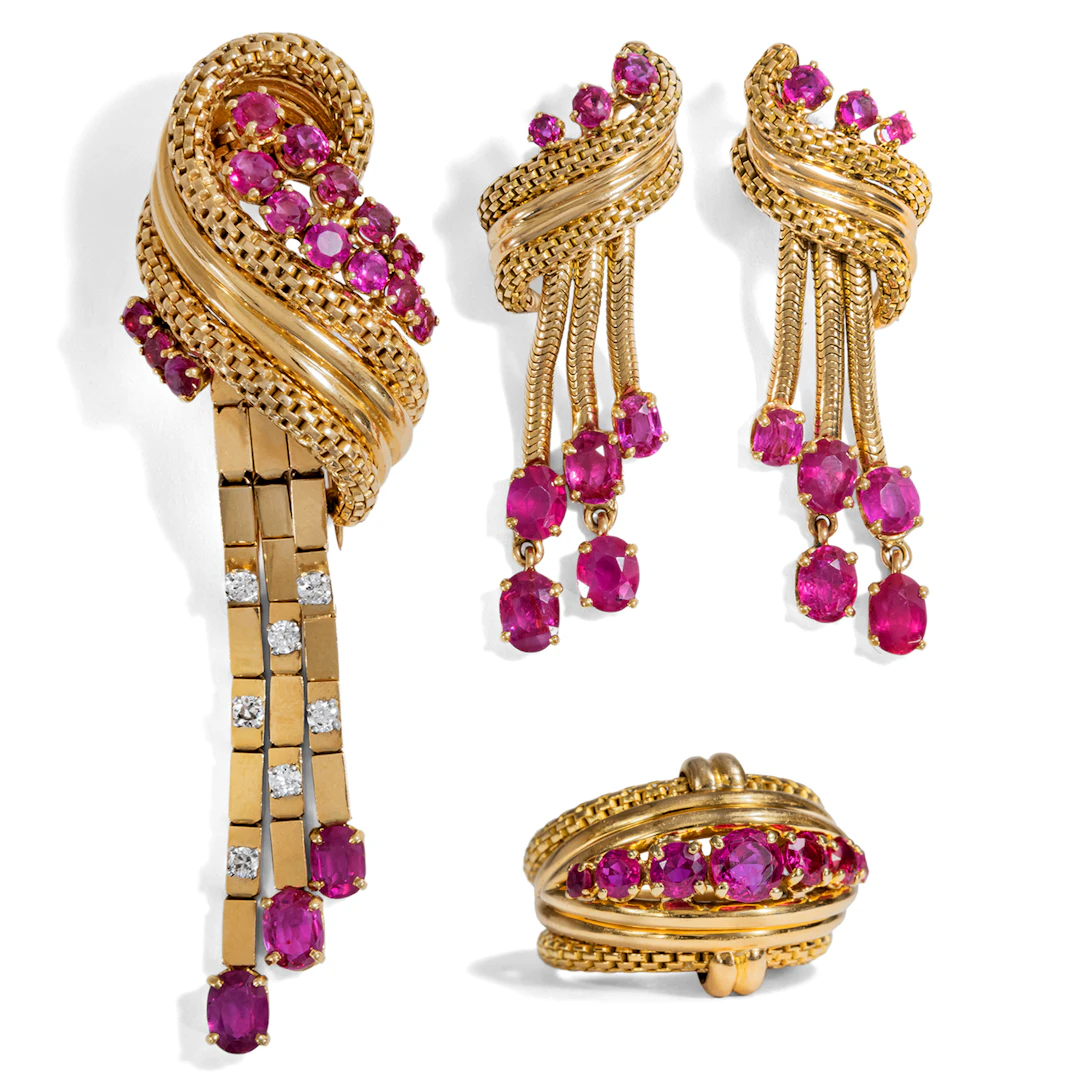 Precious Set With Burma Rubies & Diamonds Set in Gold by Paul Lévy