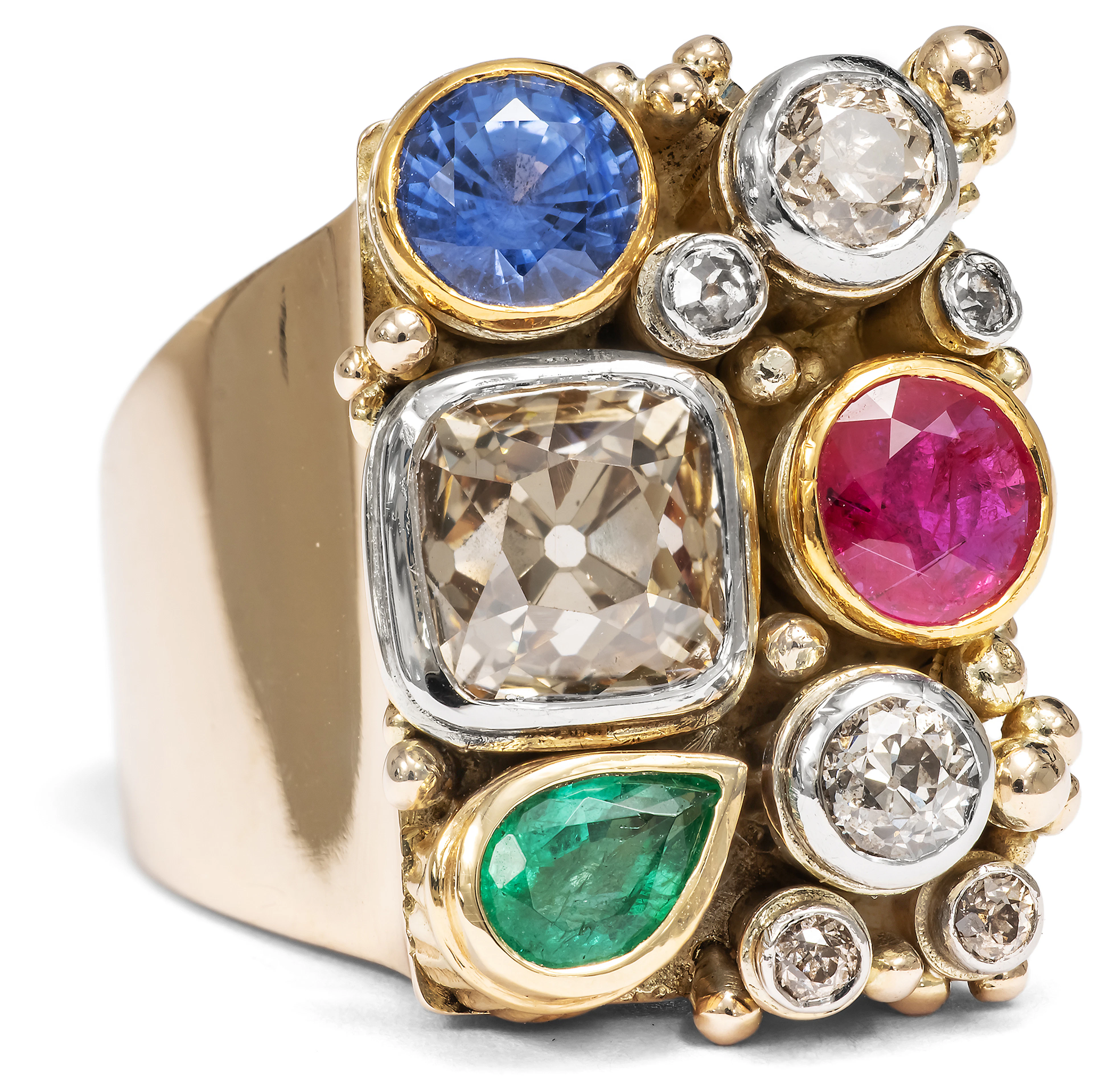 Precious Art Deco Ring with Diamonds & Gemstones in Gold, c. 1930
