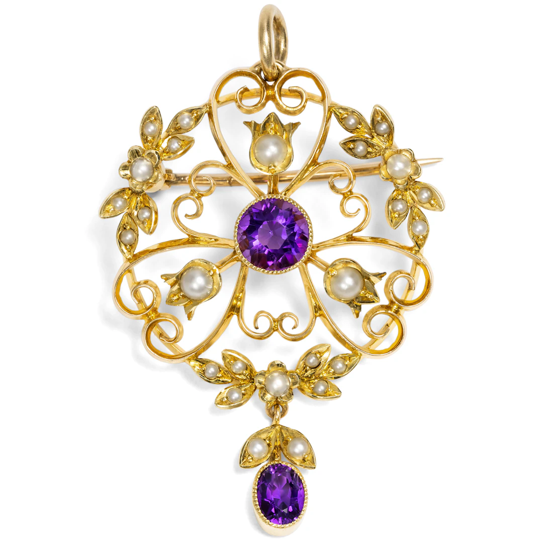 Delicate Pendant Brooch with Amethyst & Pearls in Gold, Great Britain
