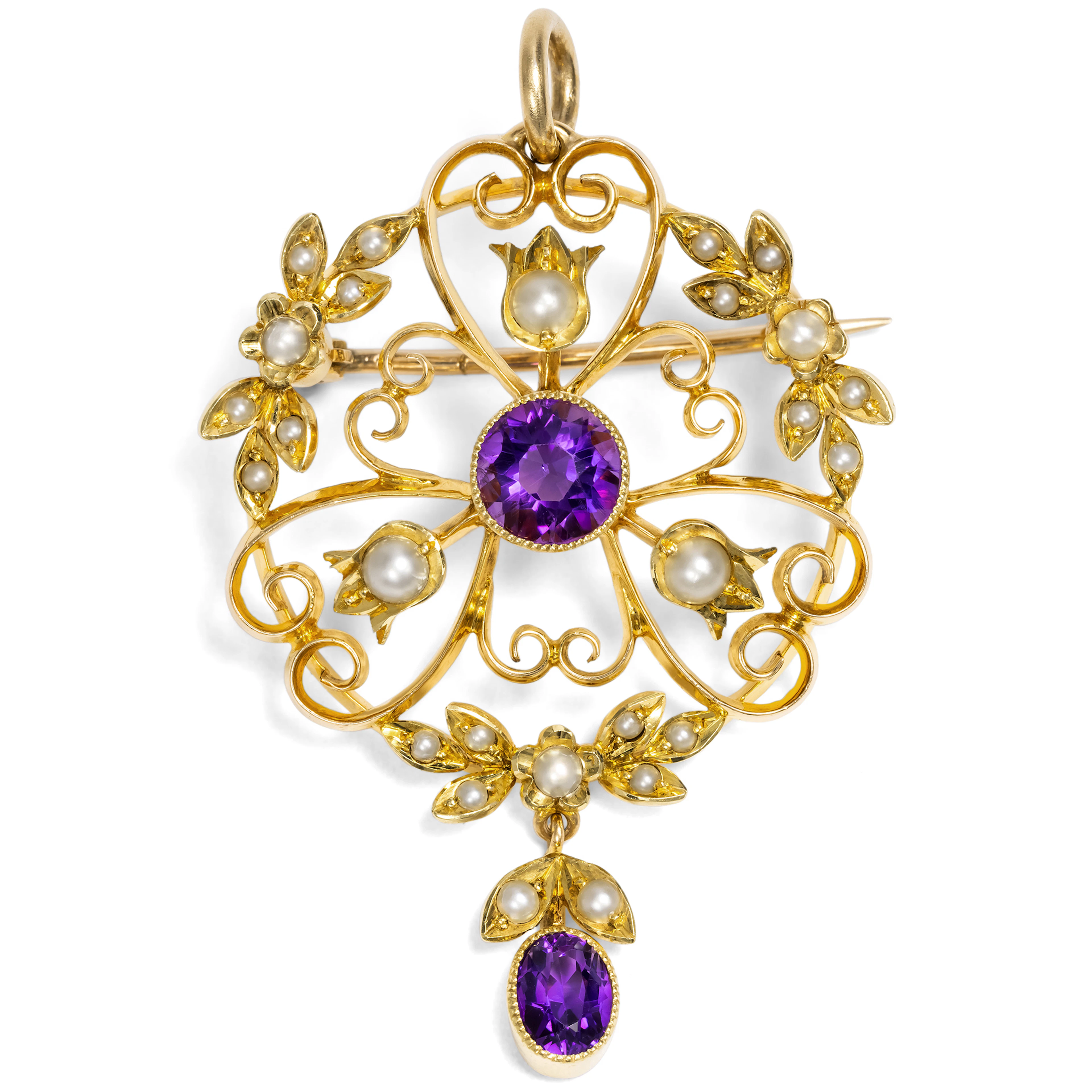 Delicate Pendant Brooch with Amethyst & Pearls in Gold, Great Britain