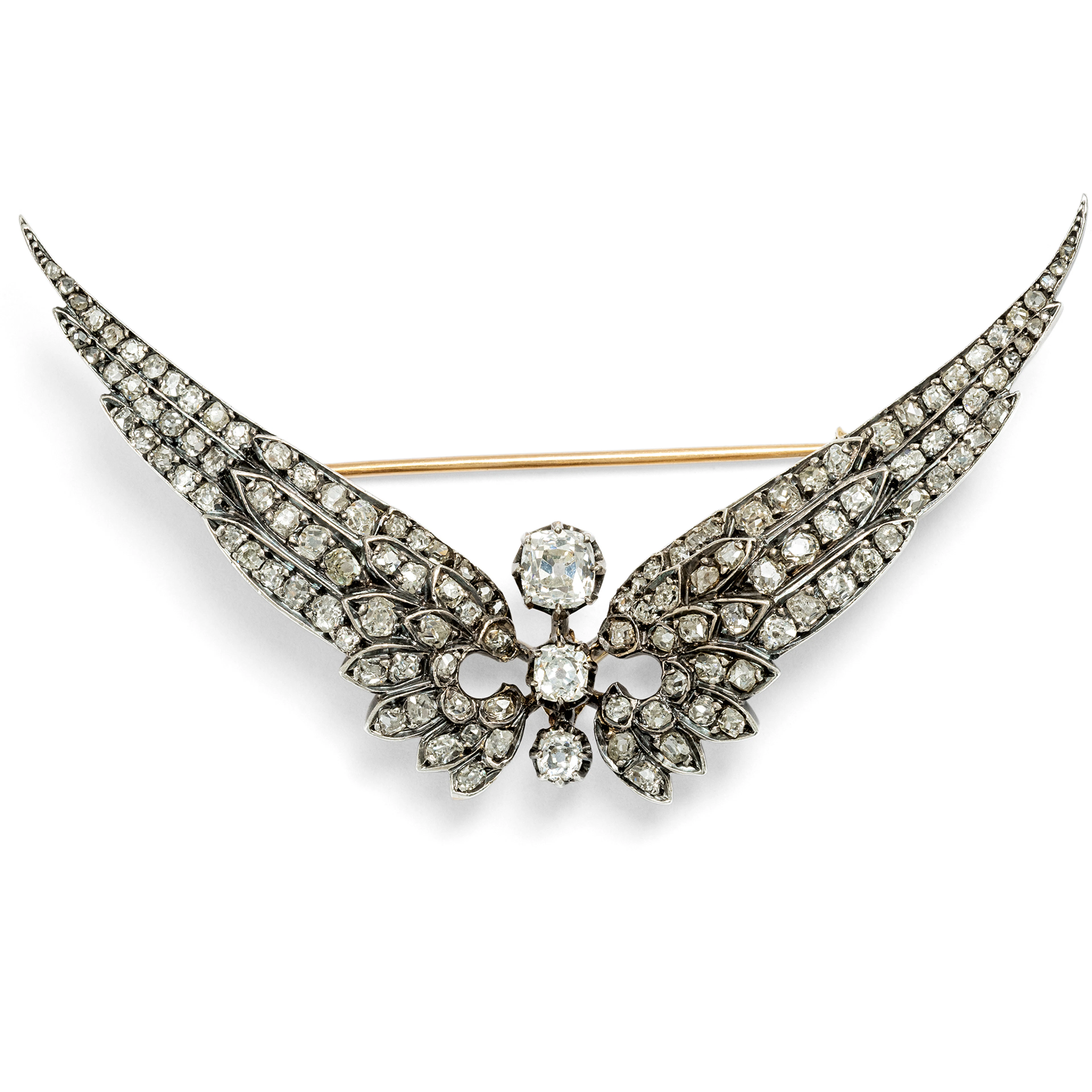 Antique Wing Brooch with Diamonds in Silver on Gold, c. 1895