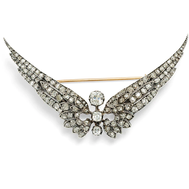 Antique Wing Brooch with Diamonds in Silver on Gold, c. 1895