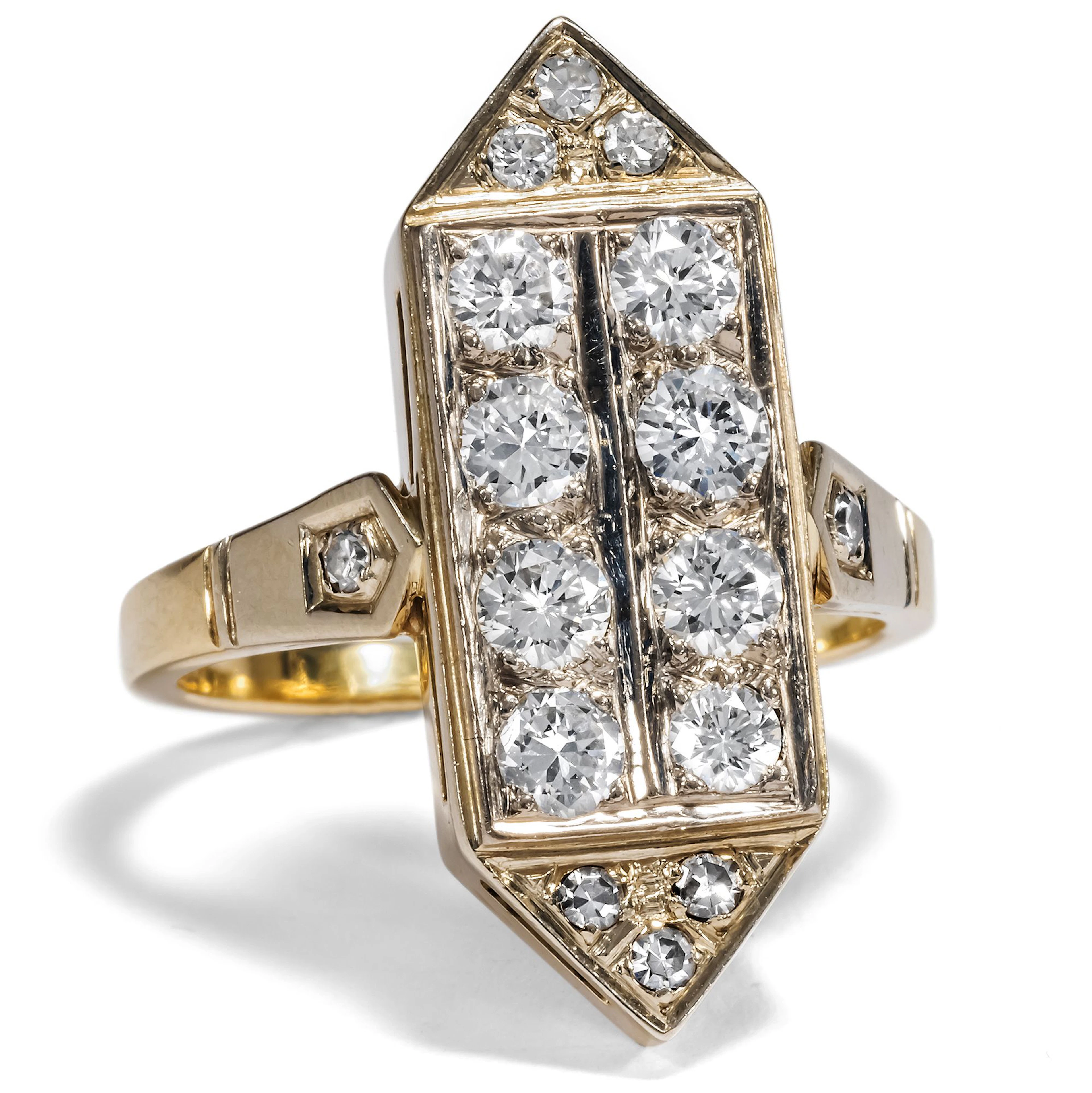 Glamorous Vintage Shield Ring With Diamonds in Yellow Gold, c. 1985