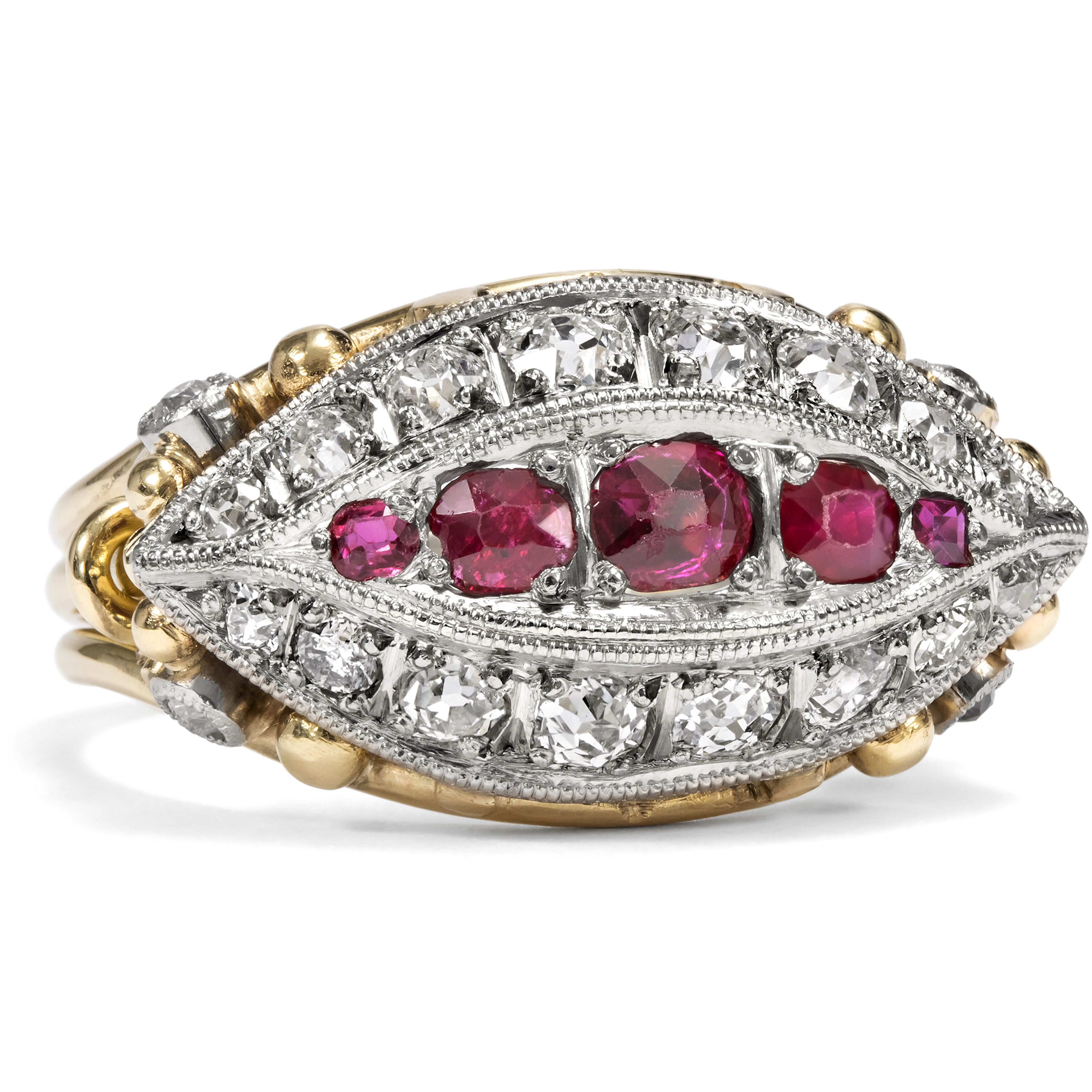 Sculptural Ruby and Diamond Ring in Platinum on Gold, c. 1940