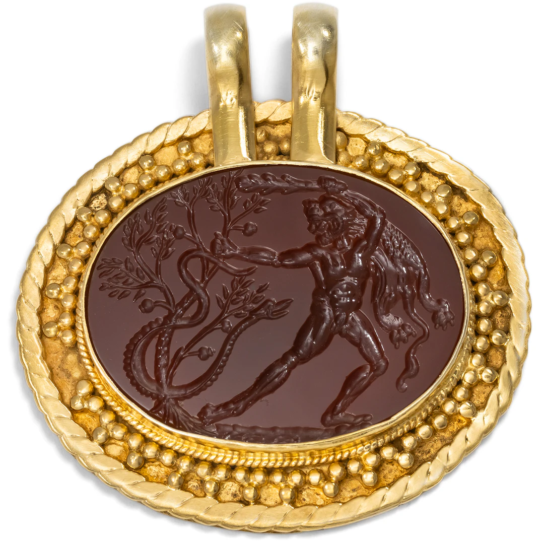Large vintage pendant with 19th century intaglio in carnelian in gold-plated