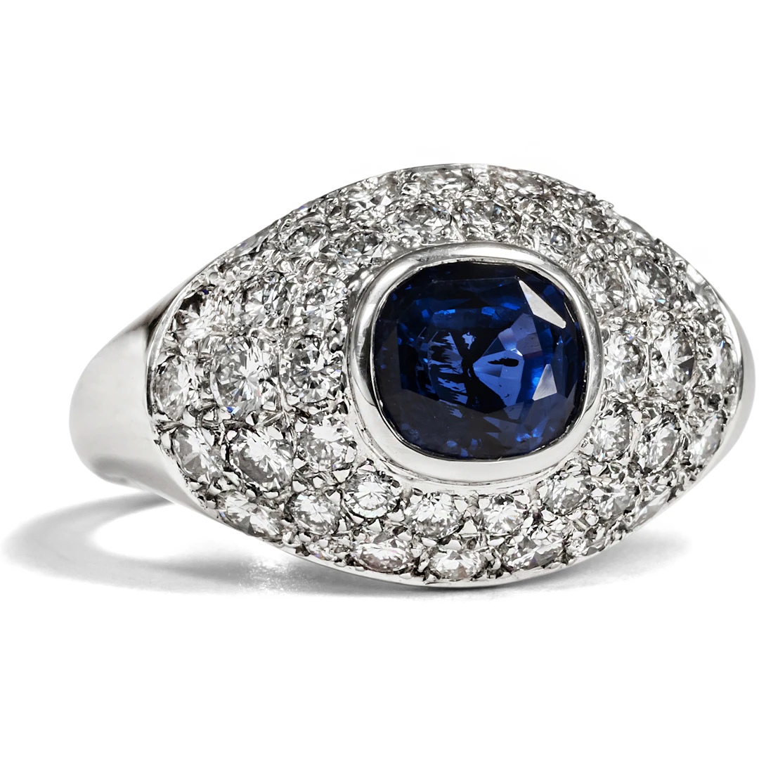 Luxury Vintage Ring With Untreated Sapphire & Diamonds in White Gold, 1990