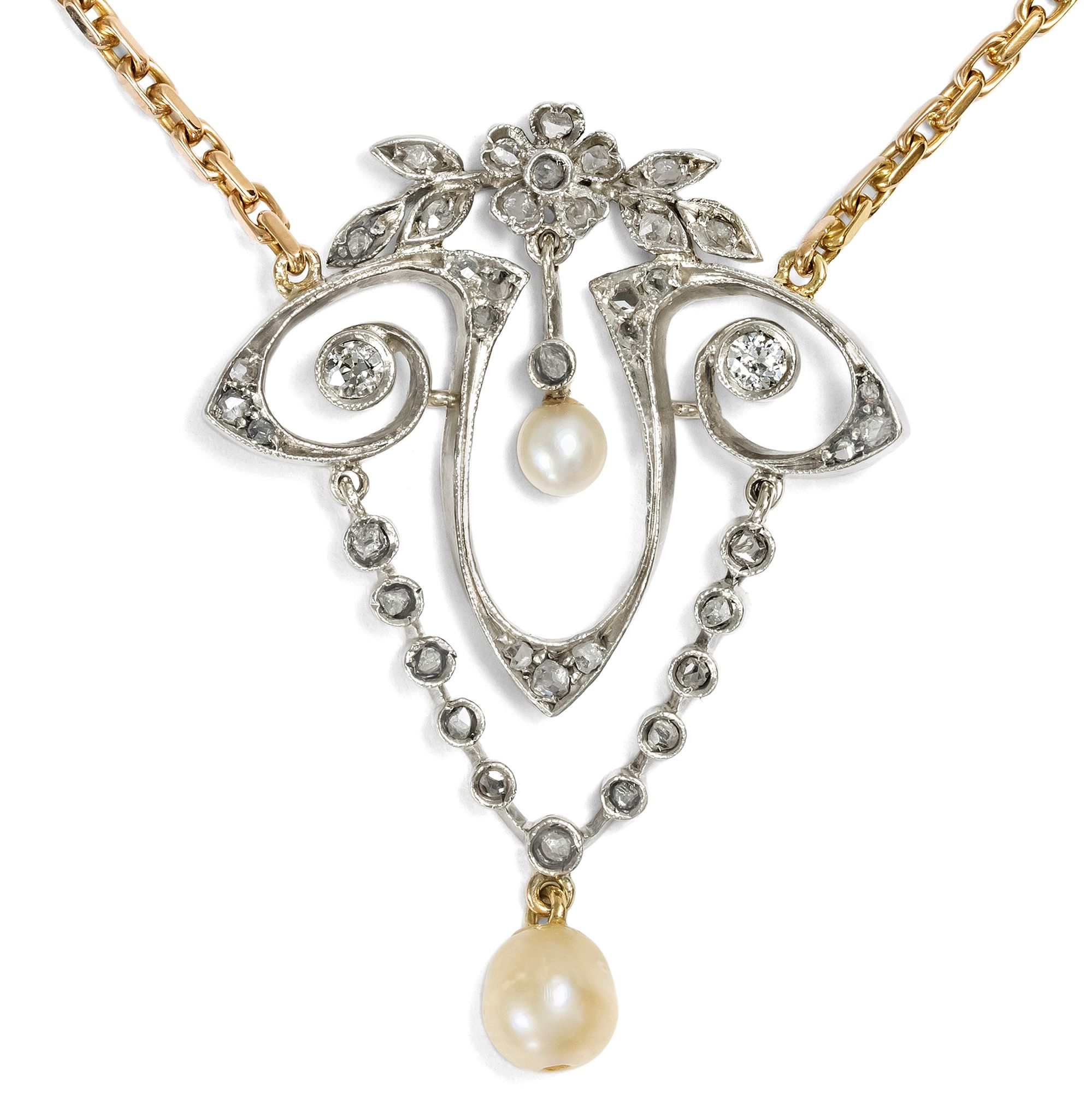 Elegant Antique Necklace with Diamonds & Pearls in Platinum & Gold, c. 1905