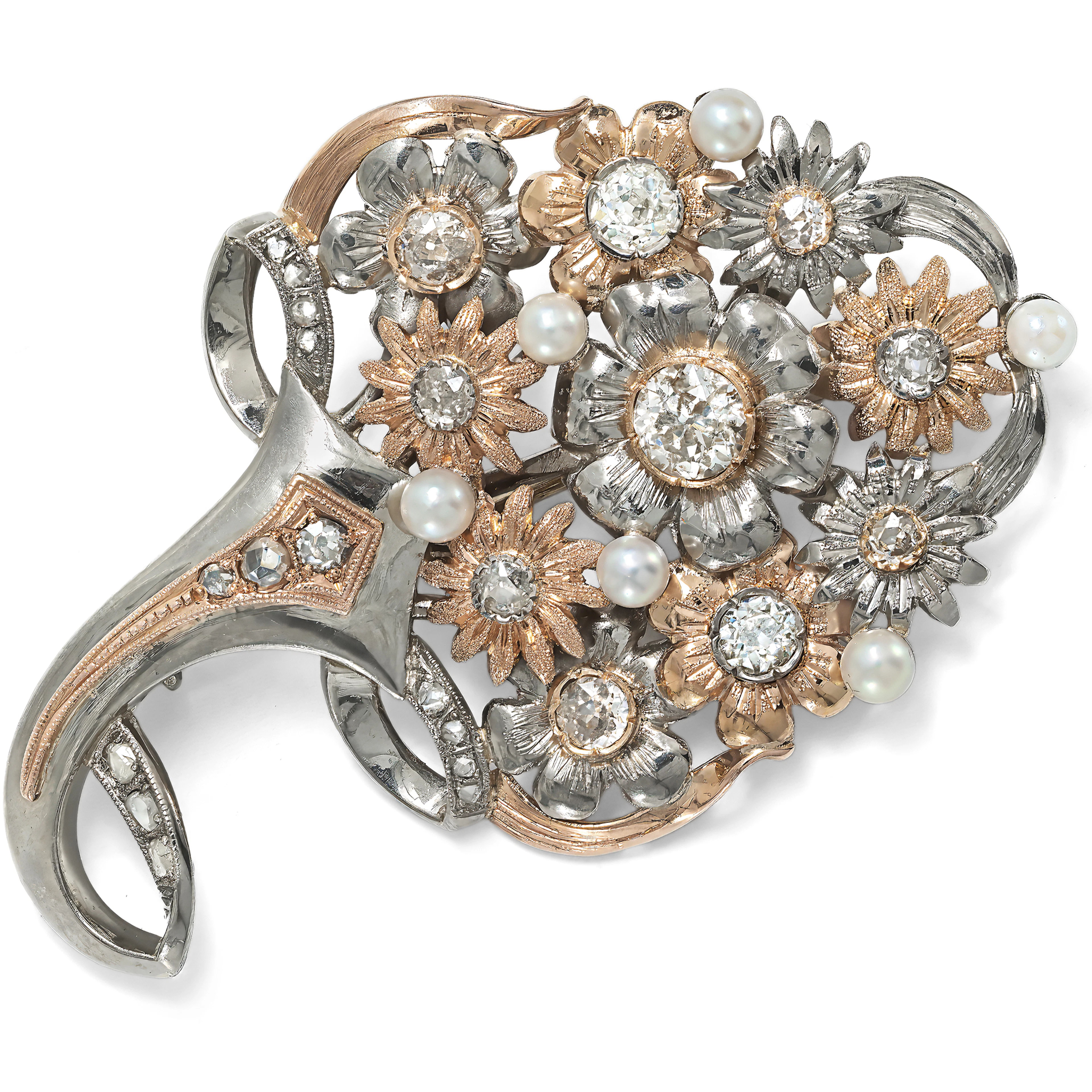 Precious cornucopia brooch with diamonds & pearls, Art Deco ca. 1930