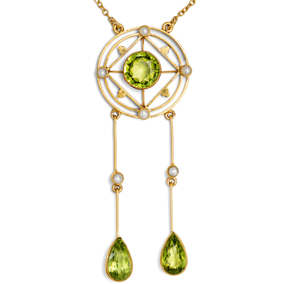 Unusual Edwardian Gold Necklace with Pearls & Peridots, England c. 1910