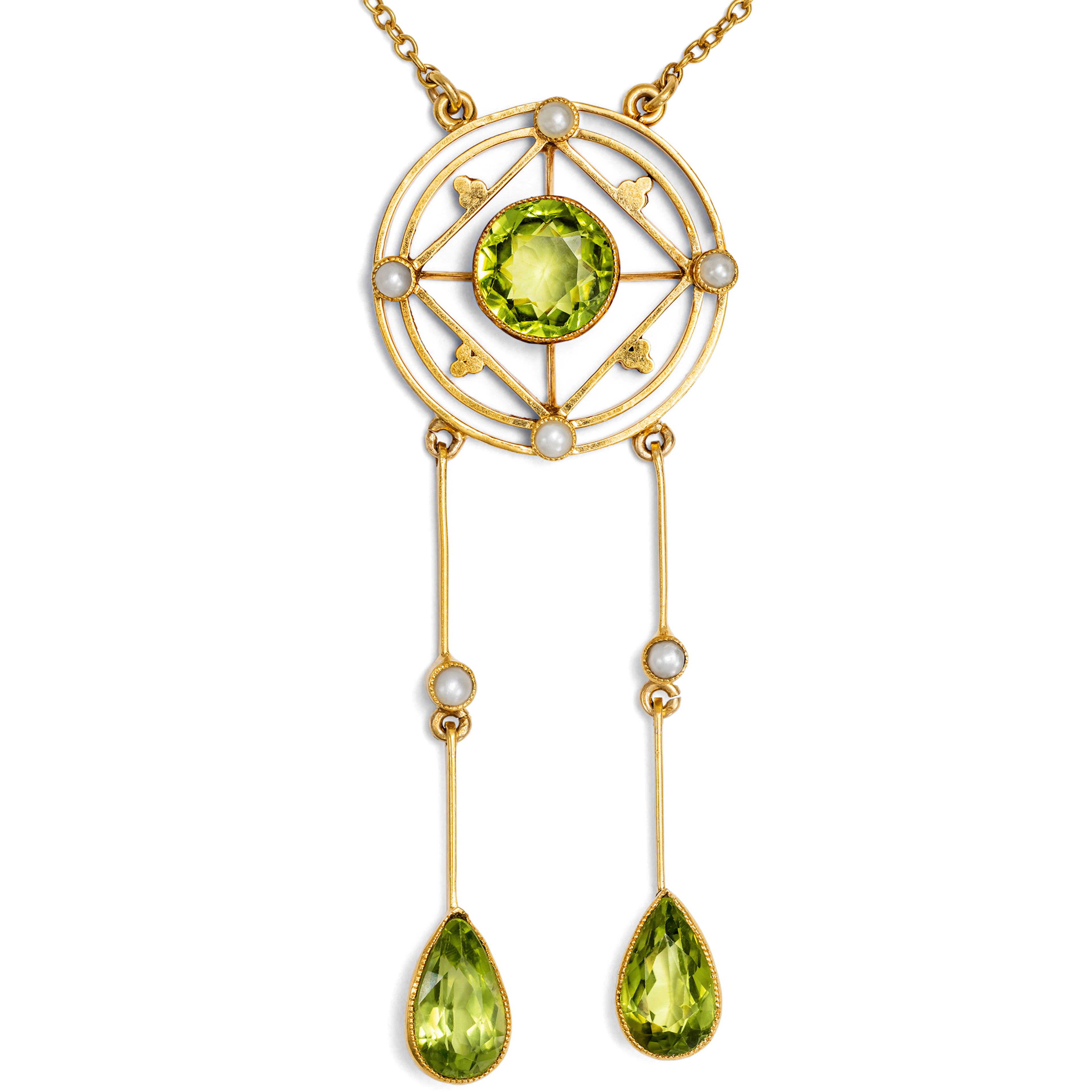 Unusual Edwardian Gold Necklace with Pearls & Peridots, England c. 1910