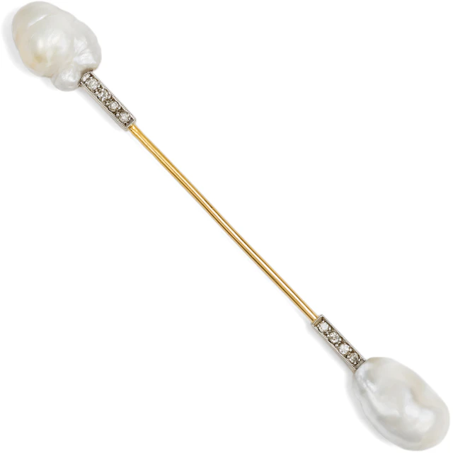 Elegant Antique Jabot Pin with Natural Pearls & Diamonds, Paris c. 1915
