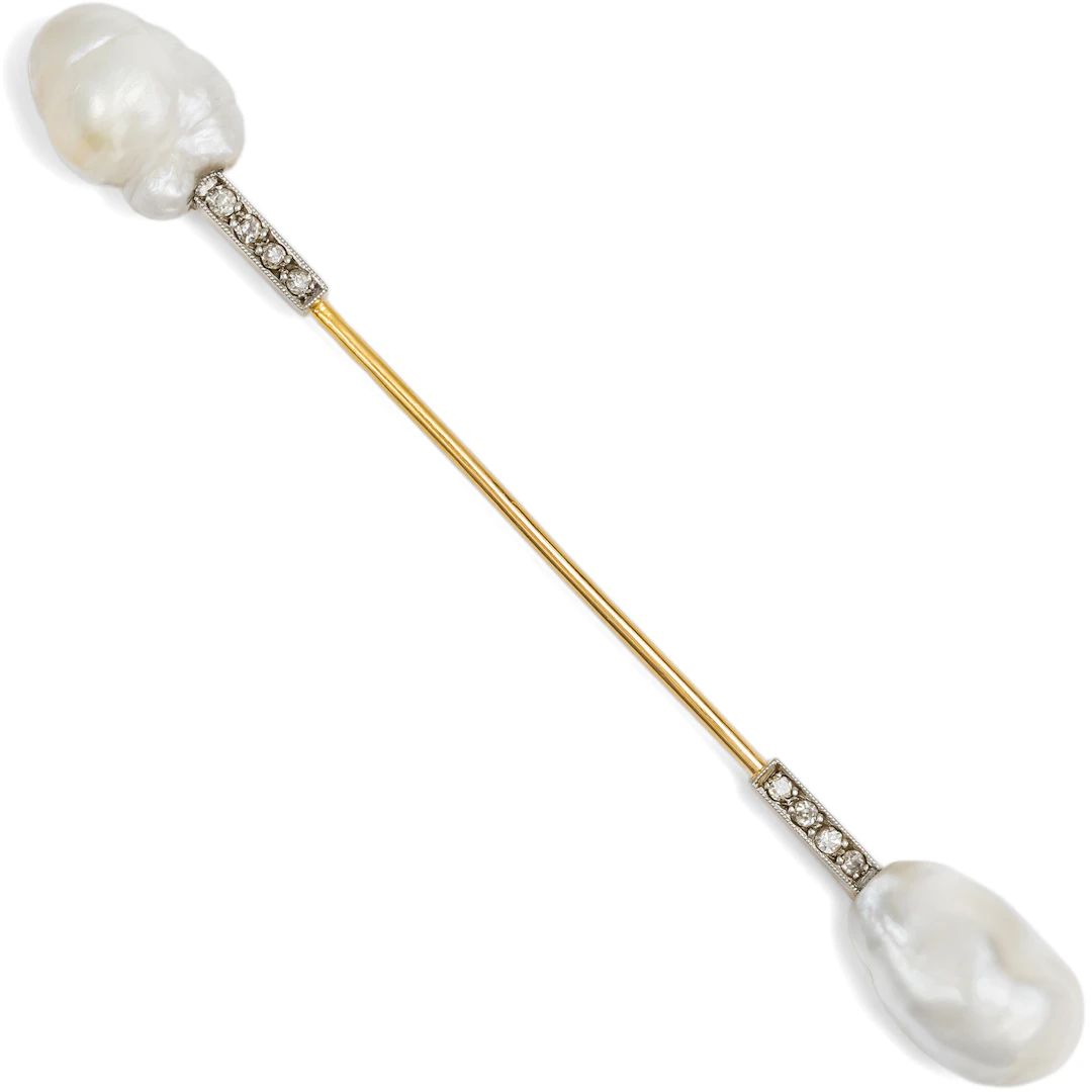 Elegant Antique Jabot Pin with Natural Pearls & Diamonds, Paris c. 1915