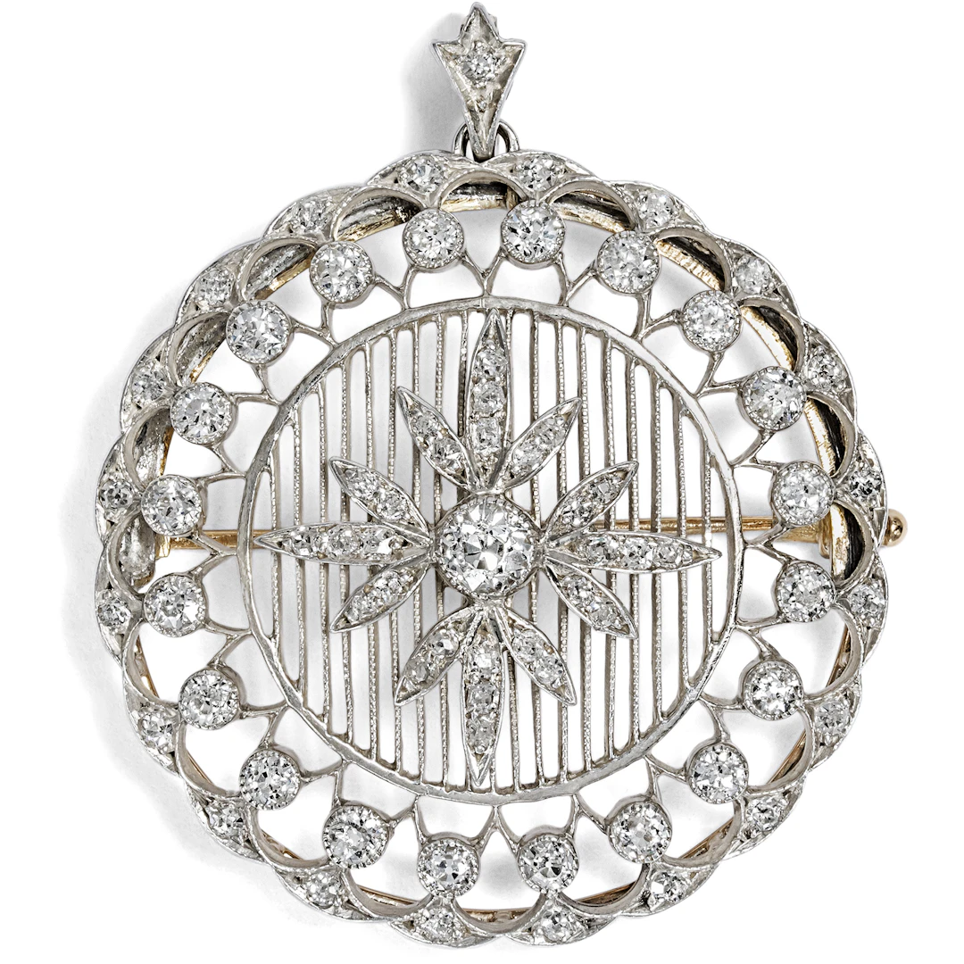 Precious Pendant Brooch with 2.70 ct Diamonds in Silver on Gold, c. 1910