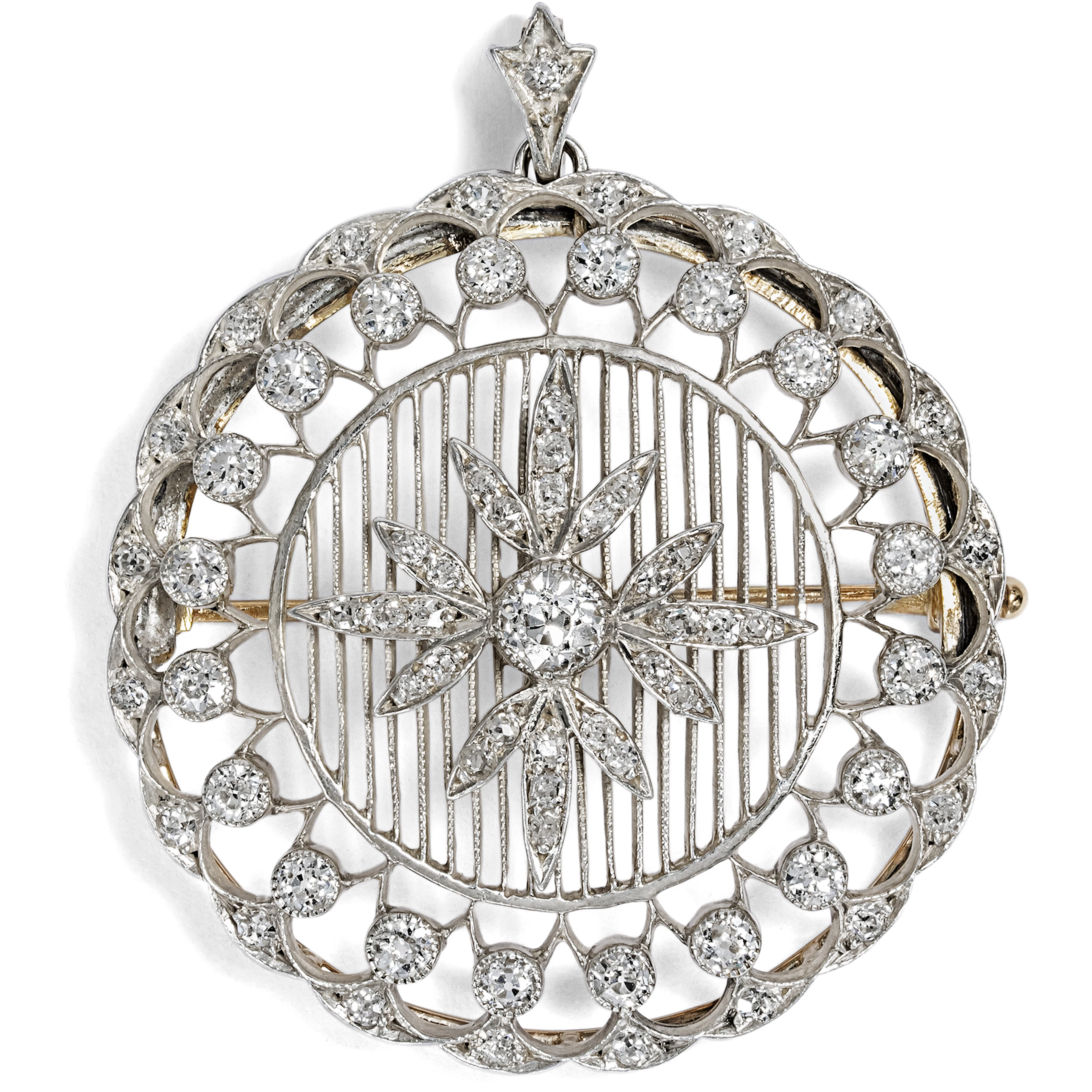 Precious Pendant Brooch with 2.70 ct Diamonds in Silver on Gold, c. 1910