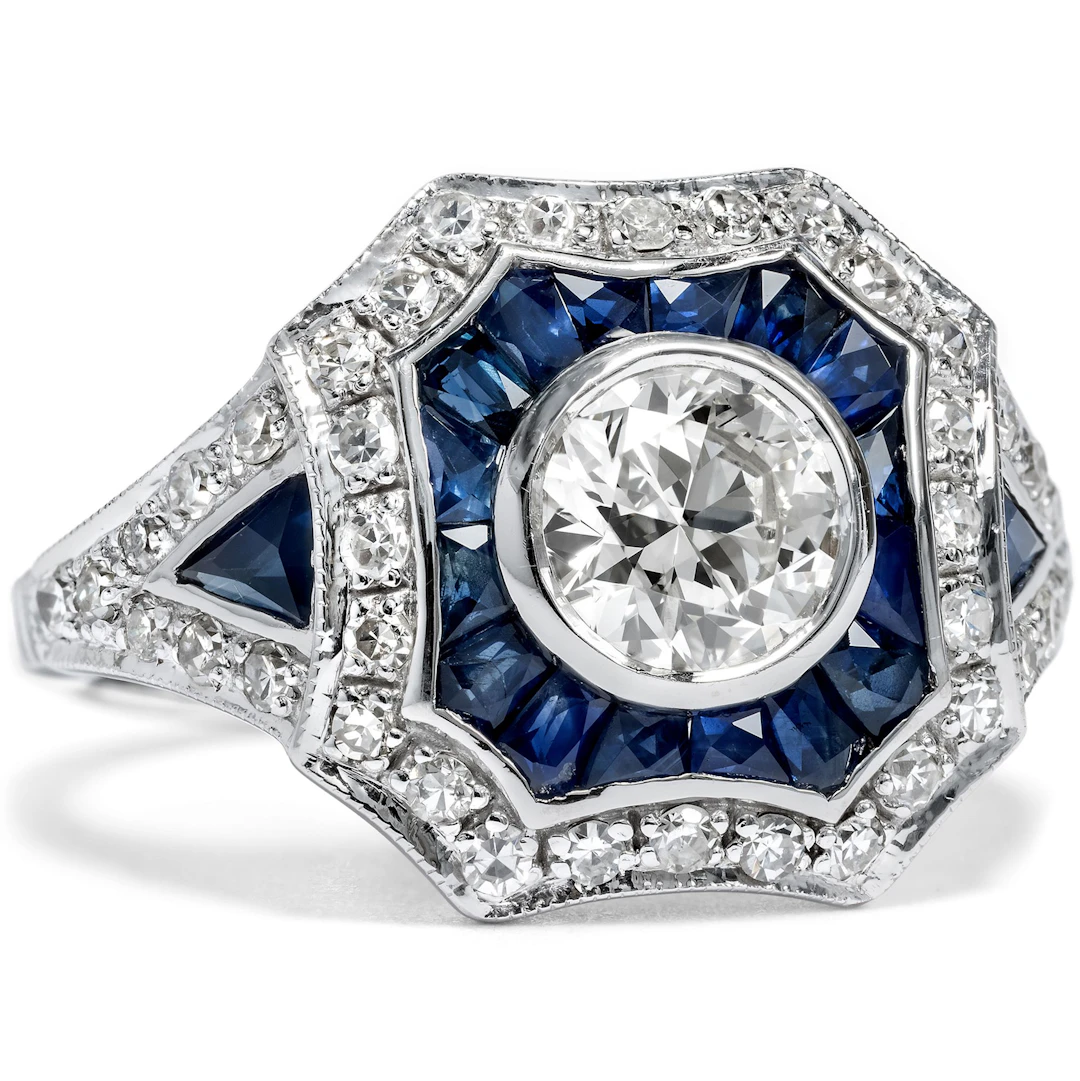 Vintage Ring with Diamonds and Sapphires in White Gold, USA, c. 2010