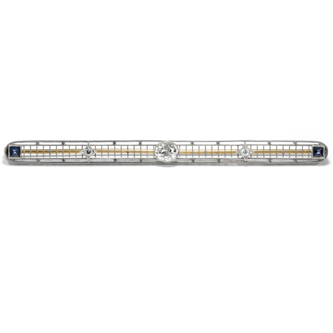 Large Bar Brooch With Diamonds & Sapphires in Platinum, c. 1910