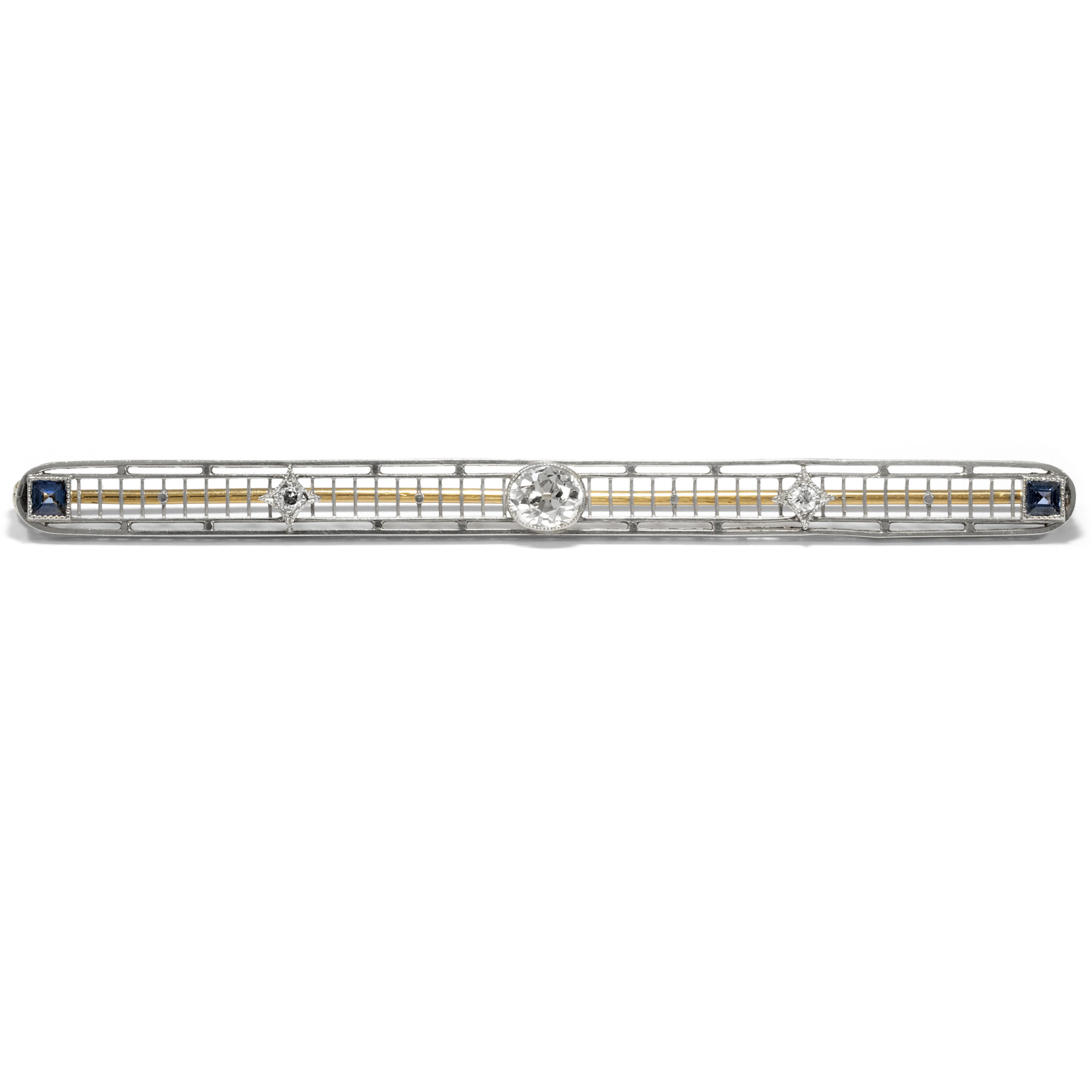 Large Bar Brooch With Diamonds & Sapphires in Platinum, c. 1910