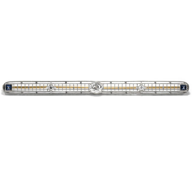 Large Bar Brooch With Diamonds & Sapphires in Platinum, c. 1910