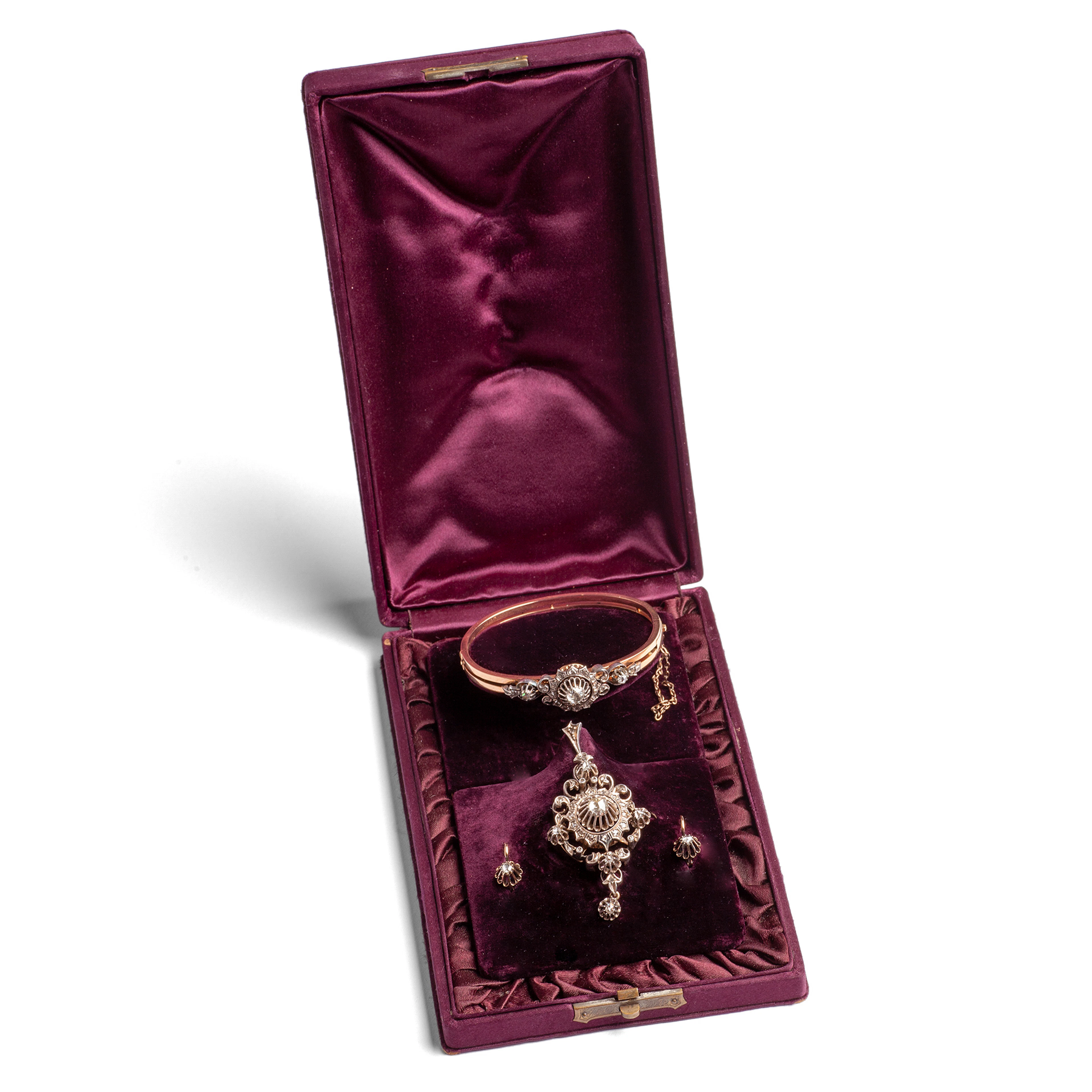 Splendid Demi-Parure With Diamond Roses in Silver & Red Gold, Austria-Hungary