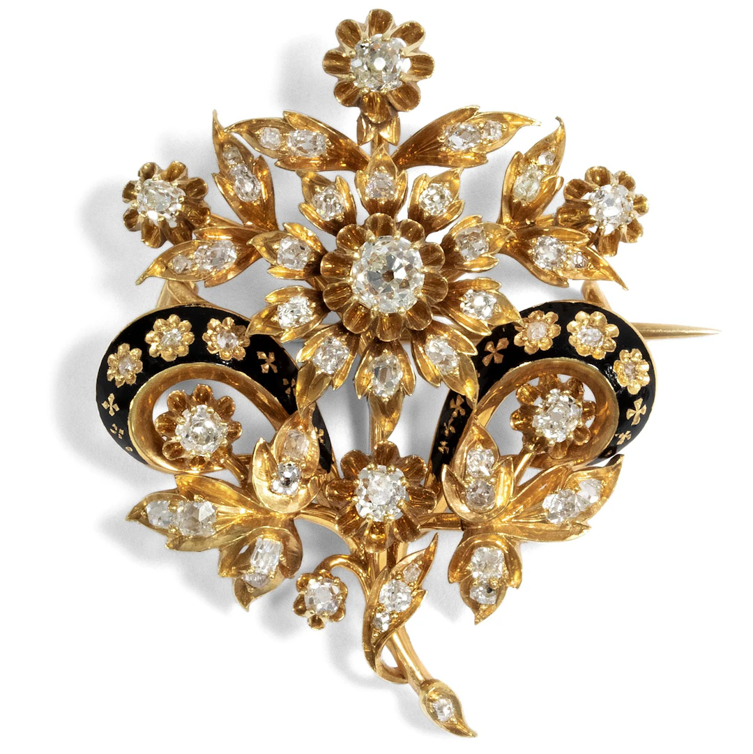 Antique Diamond Brooch With Enamel in Gold, c. 1870